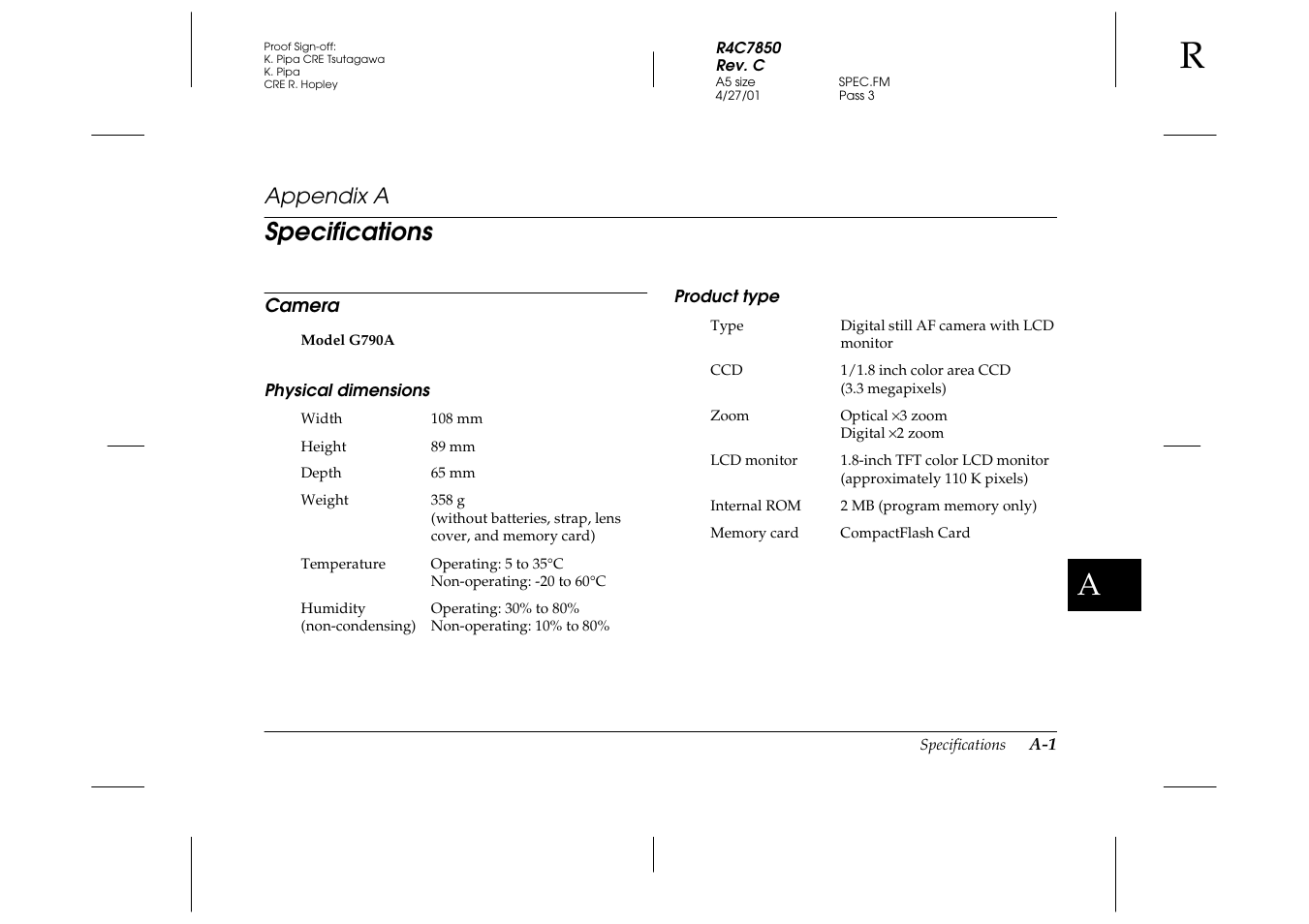 A. specifications, Camera, Physical dimensions | Product type, Appendix a, Specifications | Epson PhotoPC 3100Z User Manual | Page 119 / 143