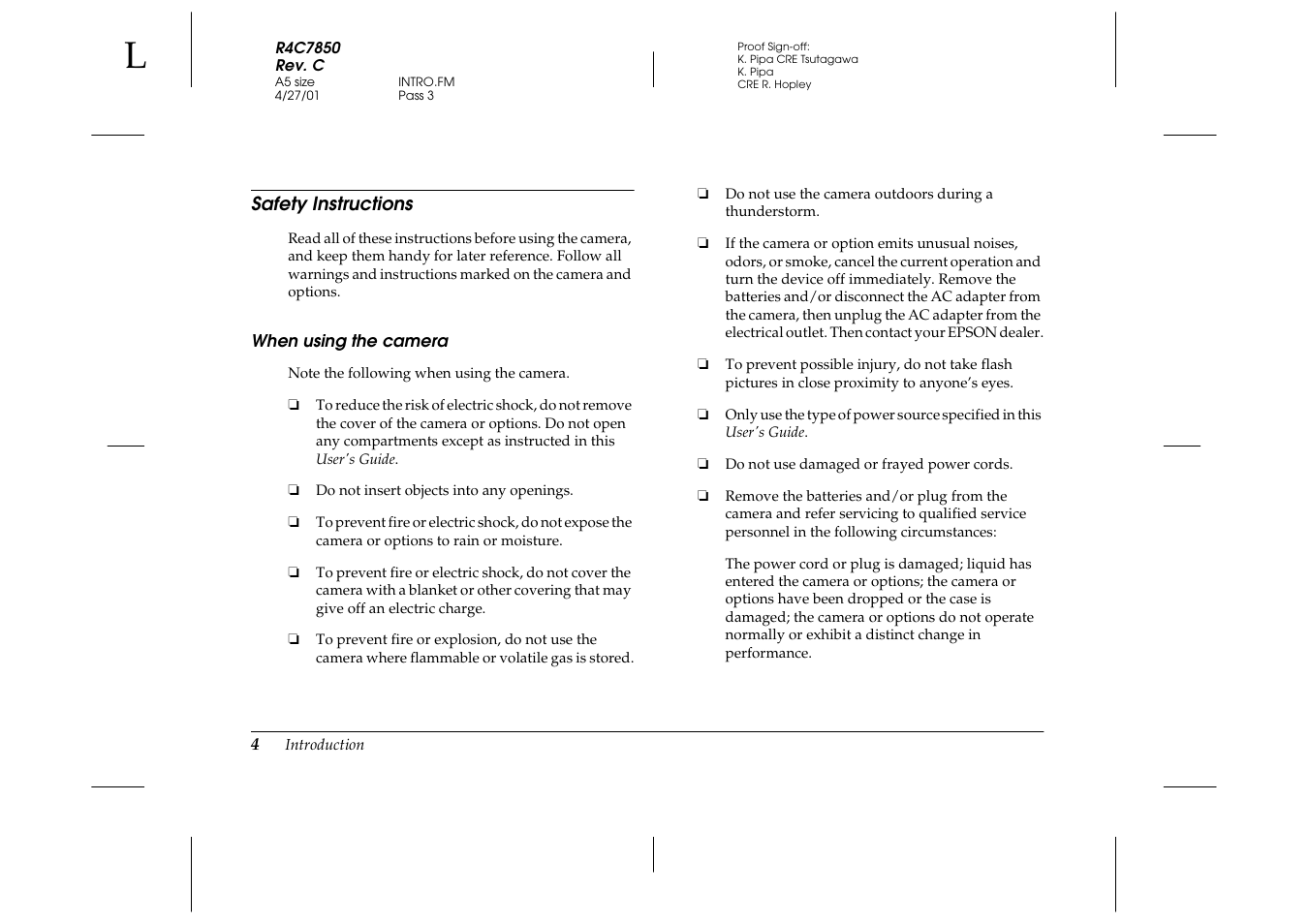 Safety instructions, When using the camera | Epson PhotoPC 3100Z User Manual | Page 12 / 143