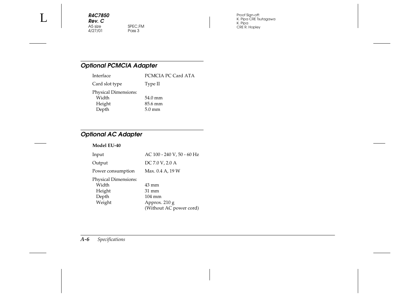Optional pcmcia adapter, Optional ac adapter | Epson PhotoPC 3100Z User Manual | Page 124 / 143