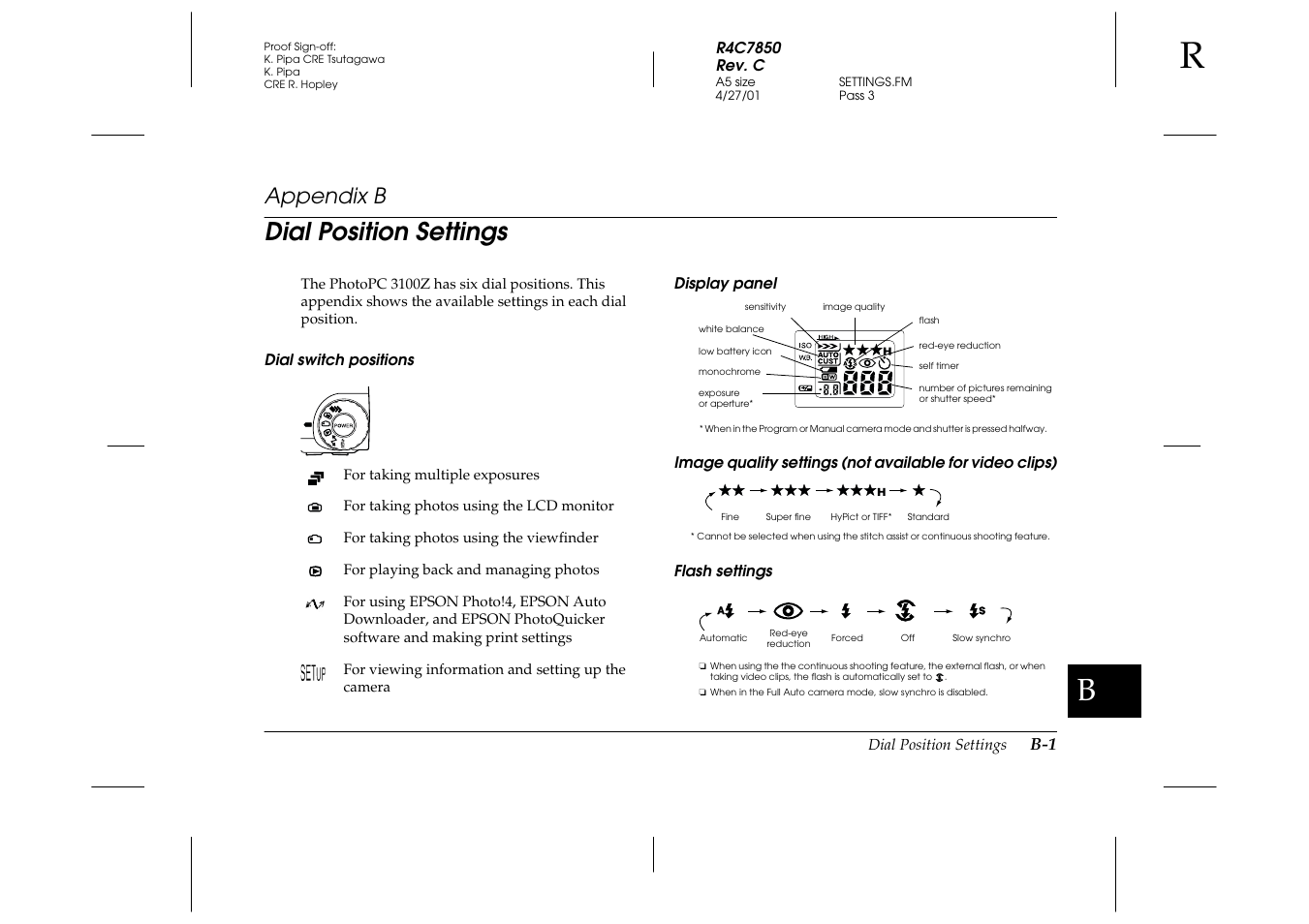 B. dial position settings, Dial switch positions, Display panel | Flash settings, Appendix b d, Dial position settings, Appendix b | Epson PhotoPC 3100Z User Manual | Page 125 / 143
