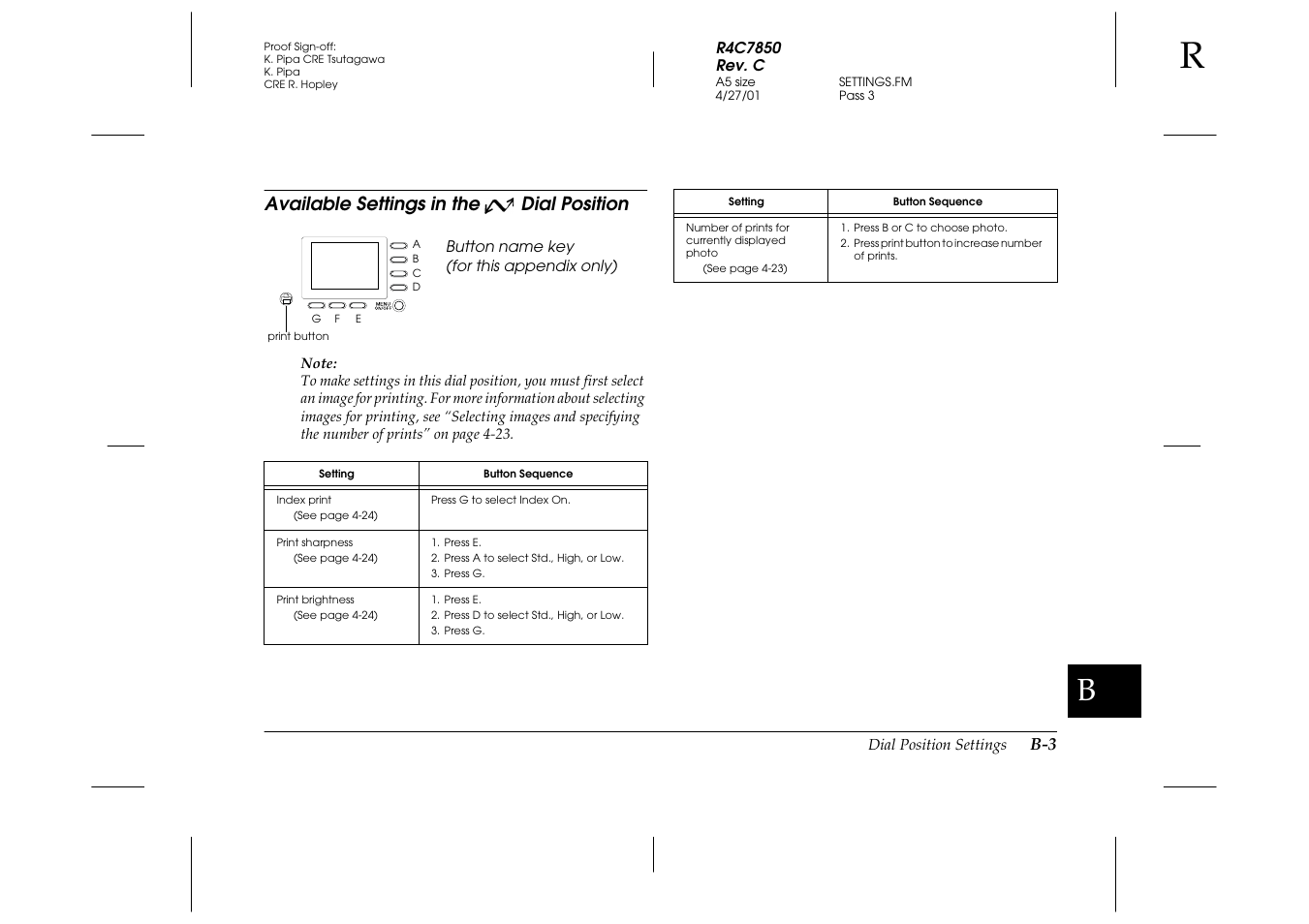 Available settings in the 2nd dial position, Available settings in the, Available settings in the dial position | Epson PhotoPC 3100Z User Manual | Page 127 / 143