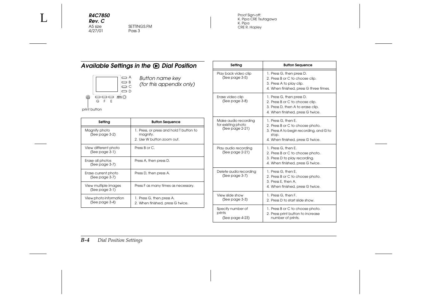 Available settings in the 3rd dial position, Available settings in the, Available settings in the dial position | Epson PhotoPC 3100Z User Manual | Page 128 / 143