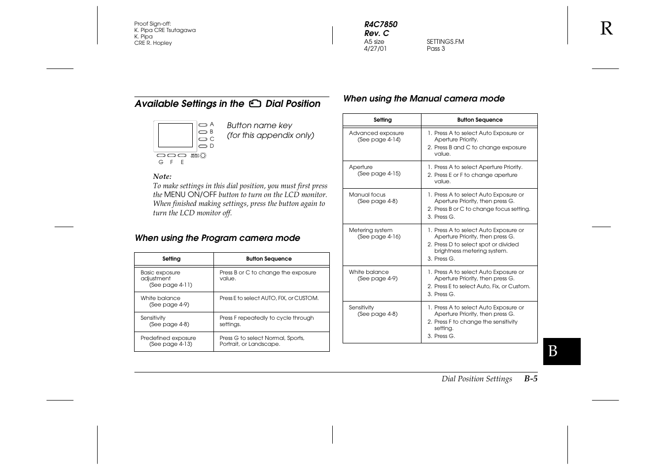 Available settings in the 4th dial position, When using the program camera mode, When using the manual camera mode | Available settings in the, Available settings in the dial position | Epson PhotoPC 3100Z User Manual | Page 129 / 143