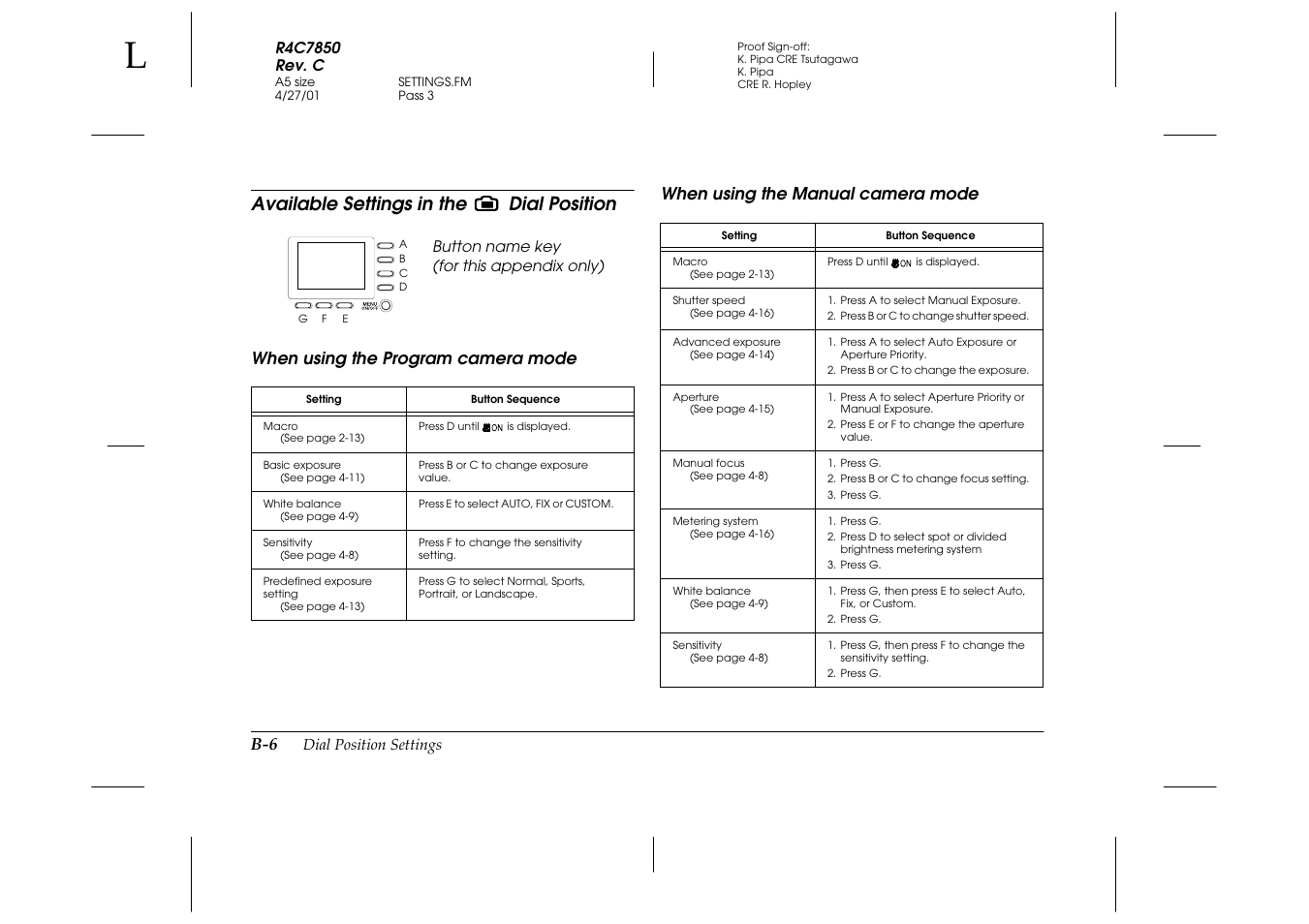 Available settings in the 5th dial position, When using the program camera mode, When using the manual camera mode | Available settings in the, Available settings in the dial position | Epson PhotoPC 3100Z User Manual | Page 130 / 143