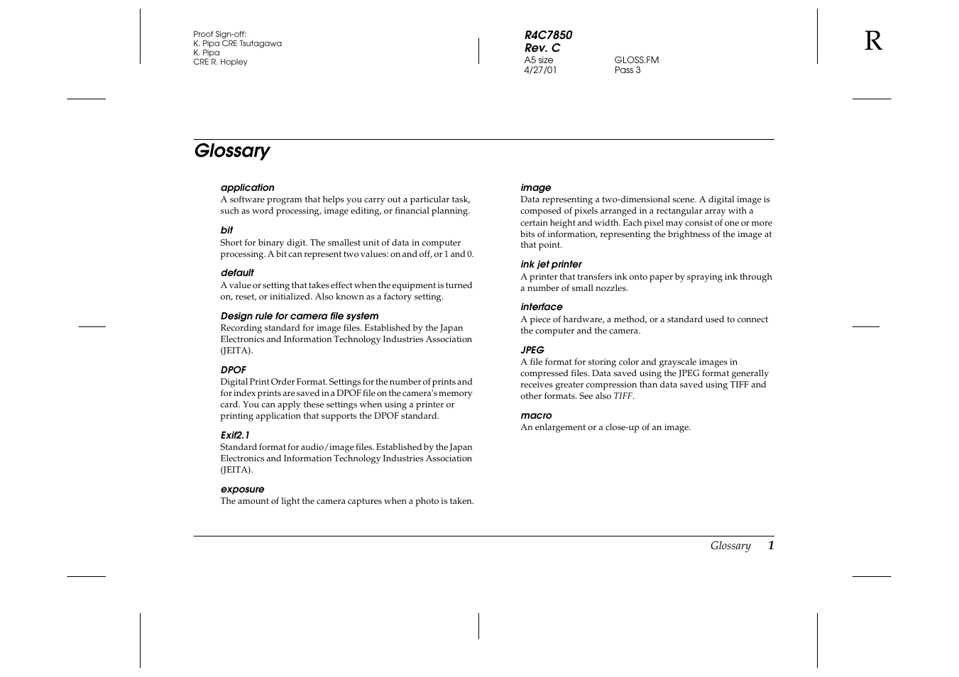 Glossary | Epson PhotoPC 3100Z User Manual | Page 131 / 143