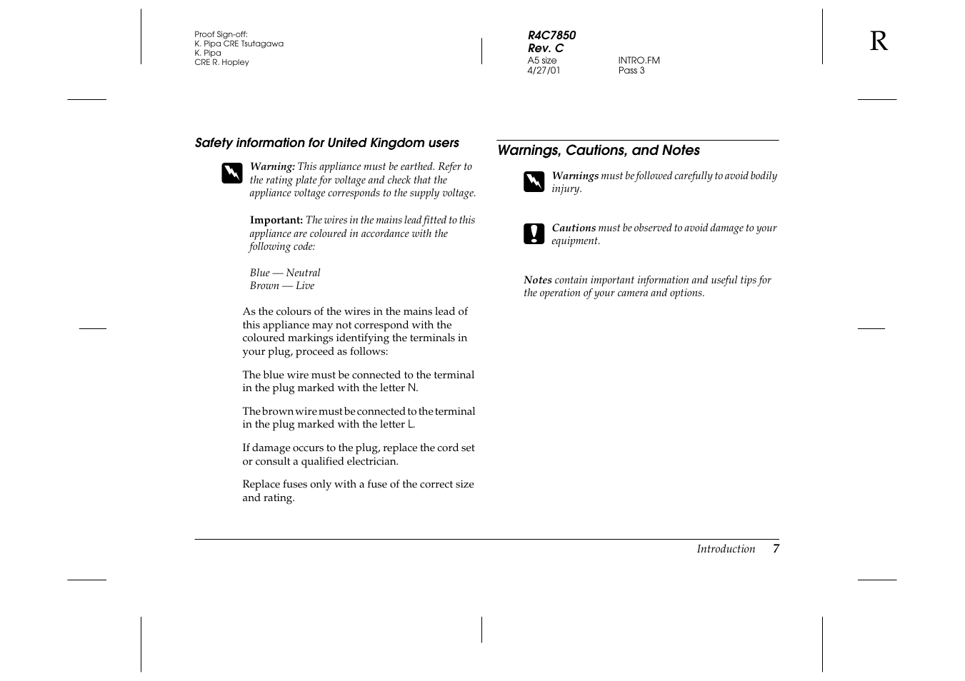 Safety information for united kingdom users, Warnings, cautions, and notes, Safety information for united kingdom | Users | Epson PhotoPC 3100Z User Manual | Page 15 / 143