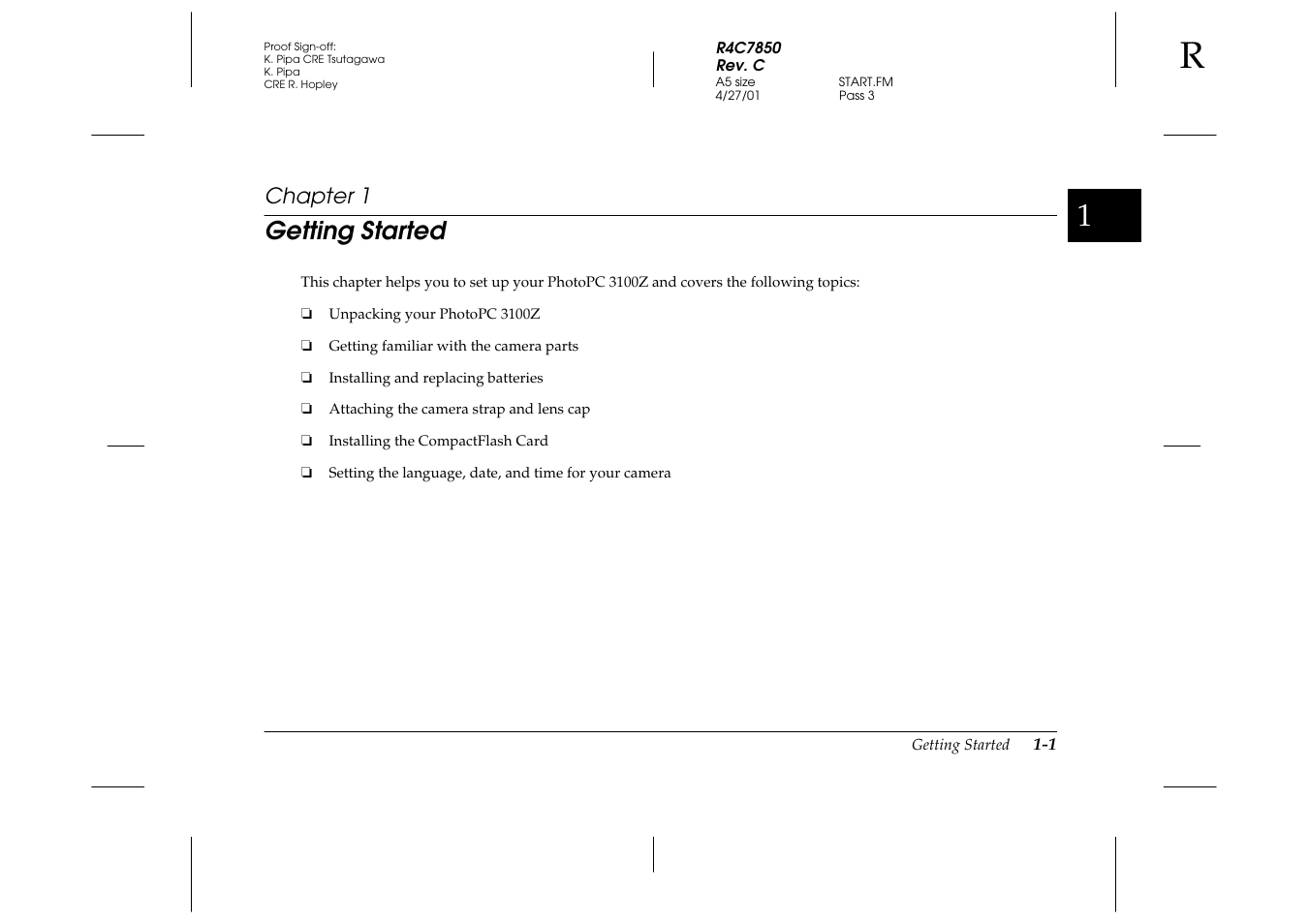 Getting started, Chapter 1 g, Chapter 1 | Epson PhotoPC 3100Z User Manual | Page 17 / 143