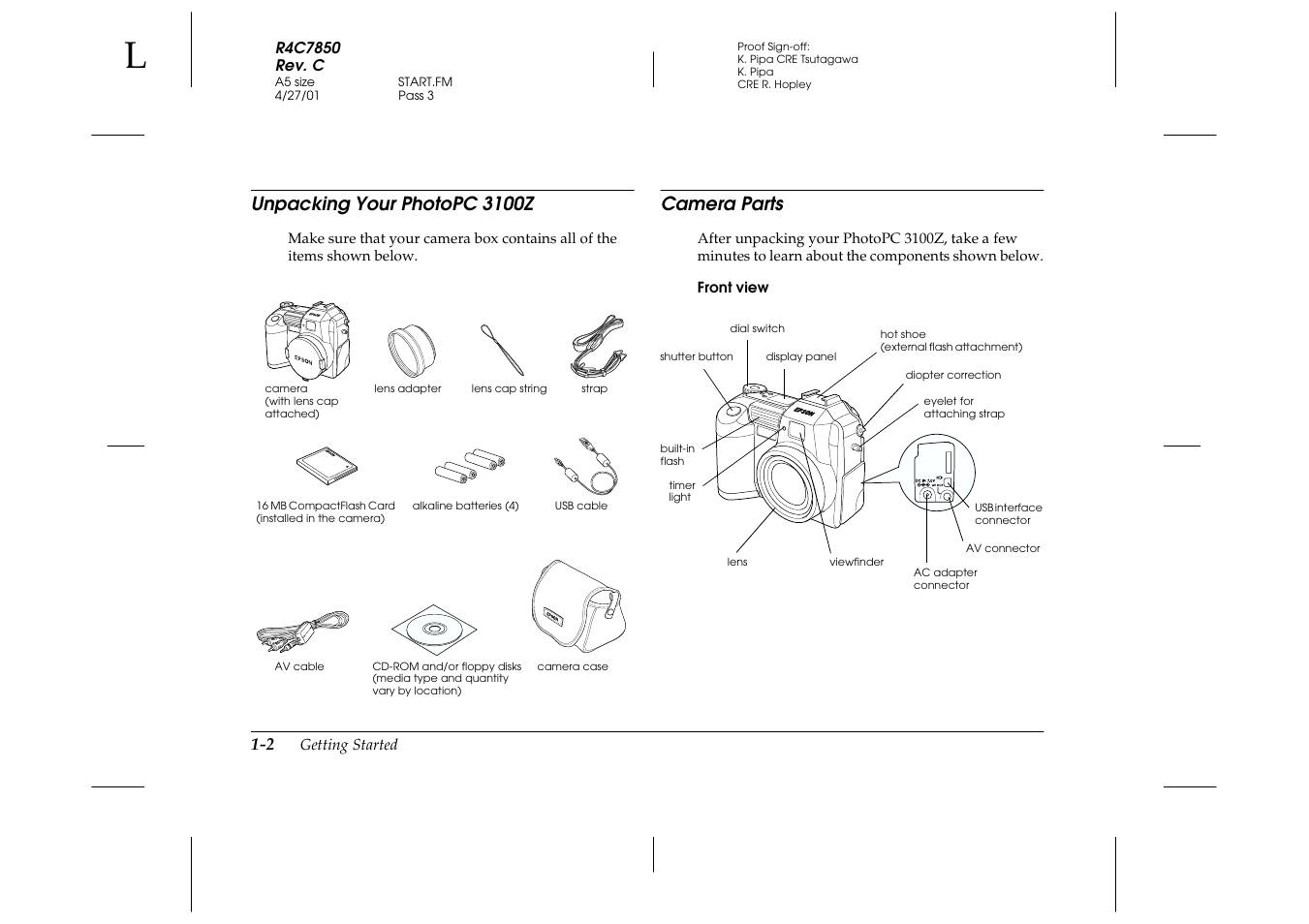 Unpacking your photopc 3100z, Camera parts, Front view | Unpacking your photopc 3100z -2 camera parts -2 | Epson PhotoPC 3100Z User Manual | Page 18 / 143