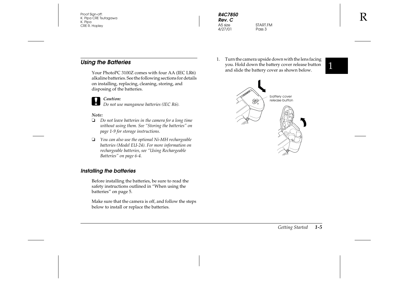 Using the batteries, Installing the batteries, Using the batteries -5 | Installing the batteries -5 | Epson PhotoPC 3100Z User Manual | Page 21 / 143