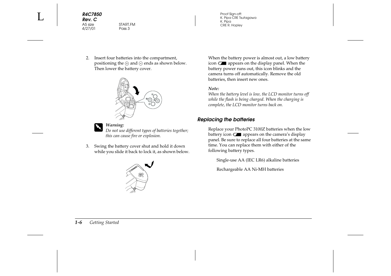 Replacing the batteries, Replacing the batteries -6 | Epson PhotoPC 3100Z User Manual | Page 22 / 143
