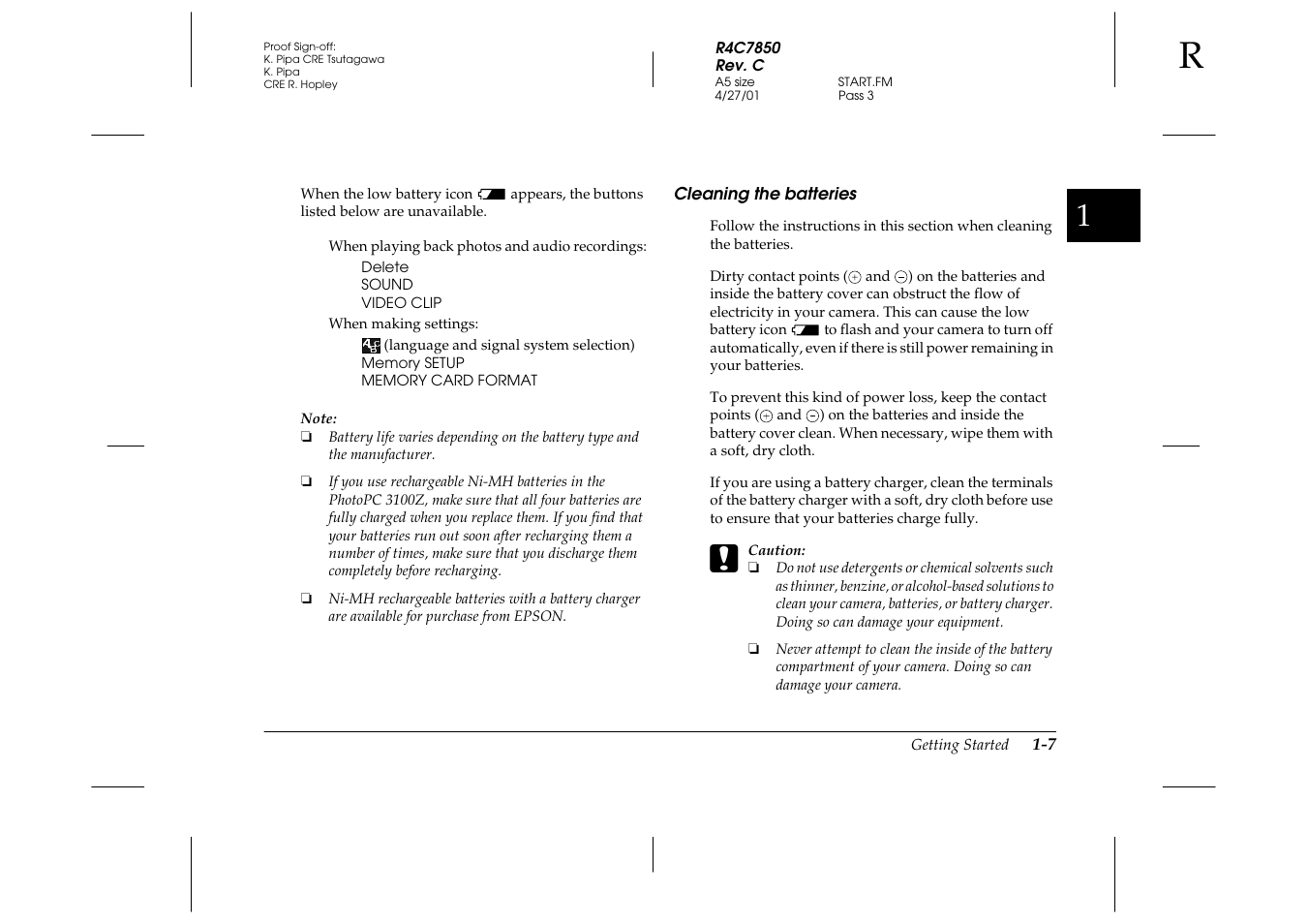 Cleaning the batteries, Cleaning the batteries -7 | Epson PhotoPC 3100Z User Manual | Page 23 / 143