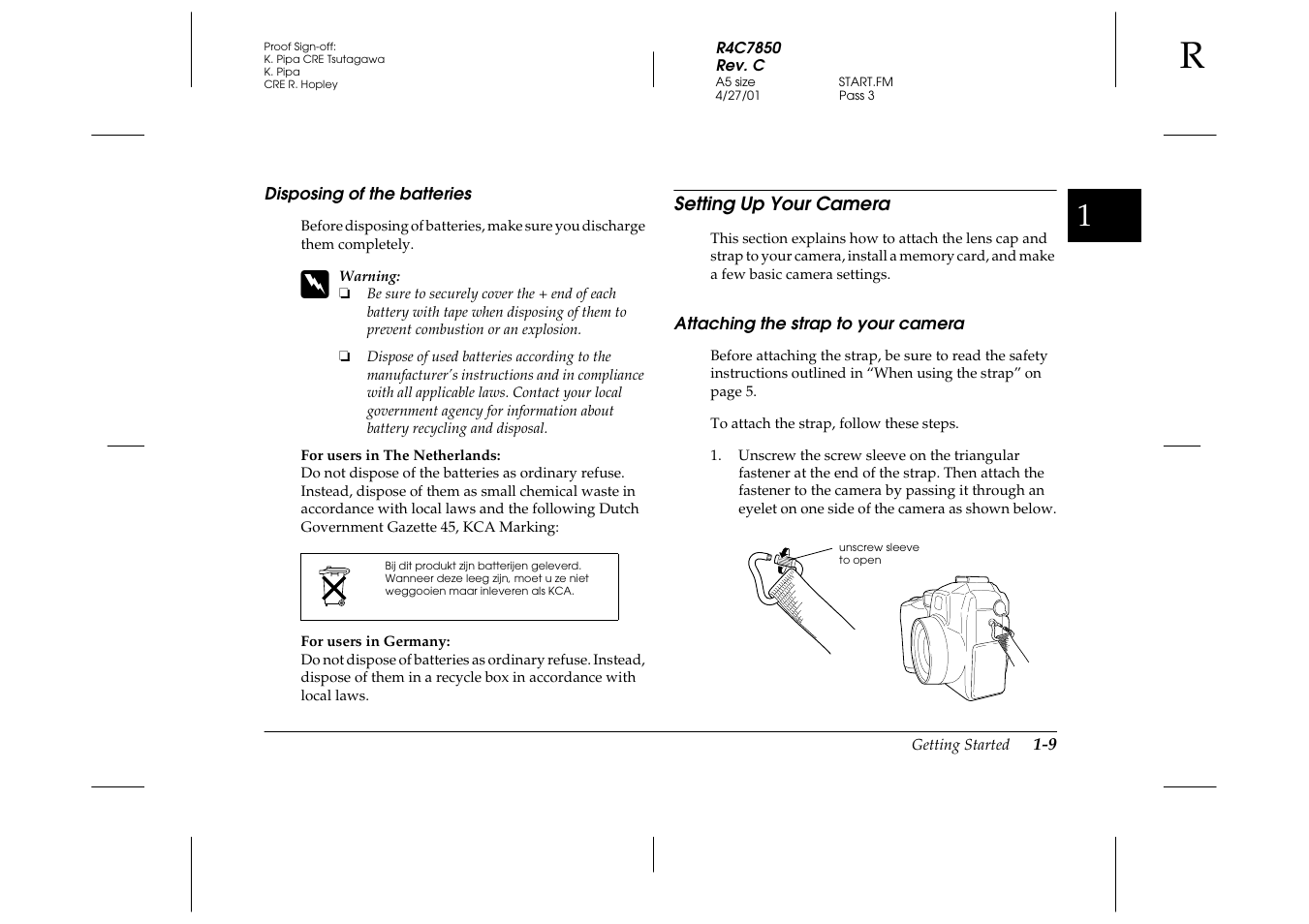 Disposing of the batteries, Setting up your camera, Attaching the strap to your camera | Disposing of the batteries -9, Setting up your camera -9, Attaching the strap to your camera -9 | Epson PhotoPC 3100Z User Manual | Page 25 / 143