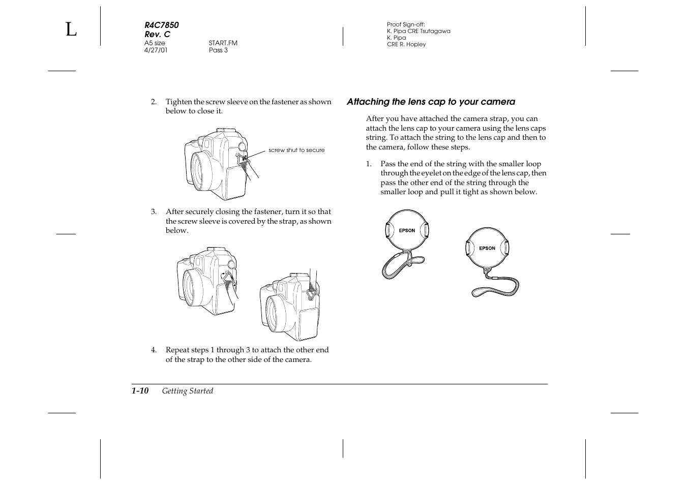 Attaching the lens cap to your camera, Attaching the lens cap to your camera -10 | Epson PhotoPC 3100Z User Manual | Page 26 / 143