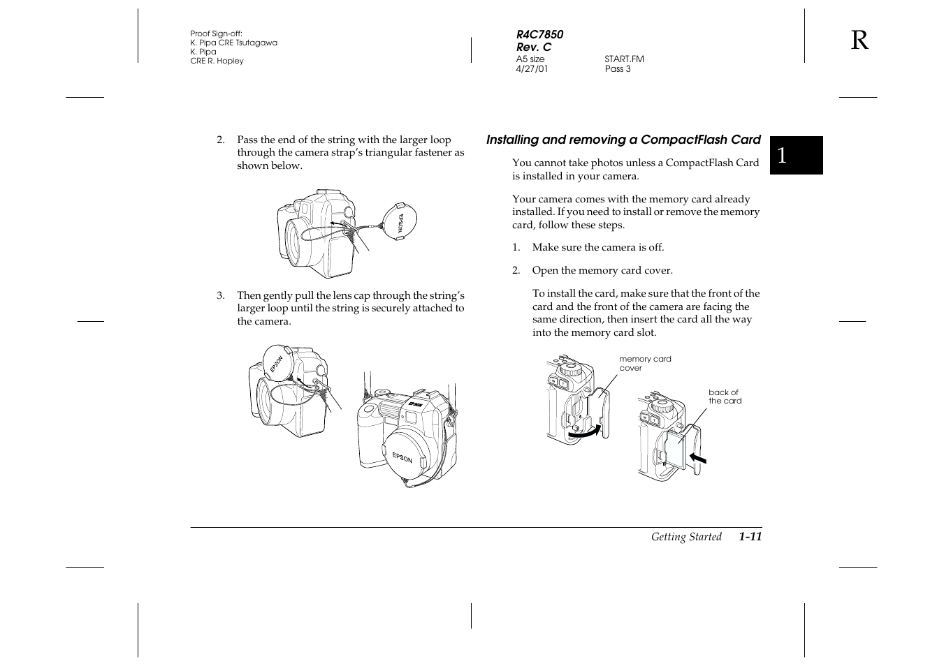 Installing and removing a compactflash card, Installing and removing a compactflash, Card -11 | Epson PhotoPC 3100Z User Manual | Page 27 / 143