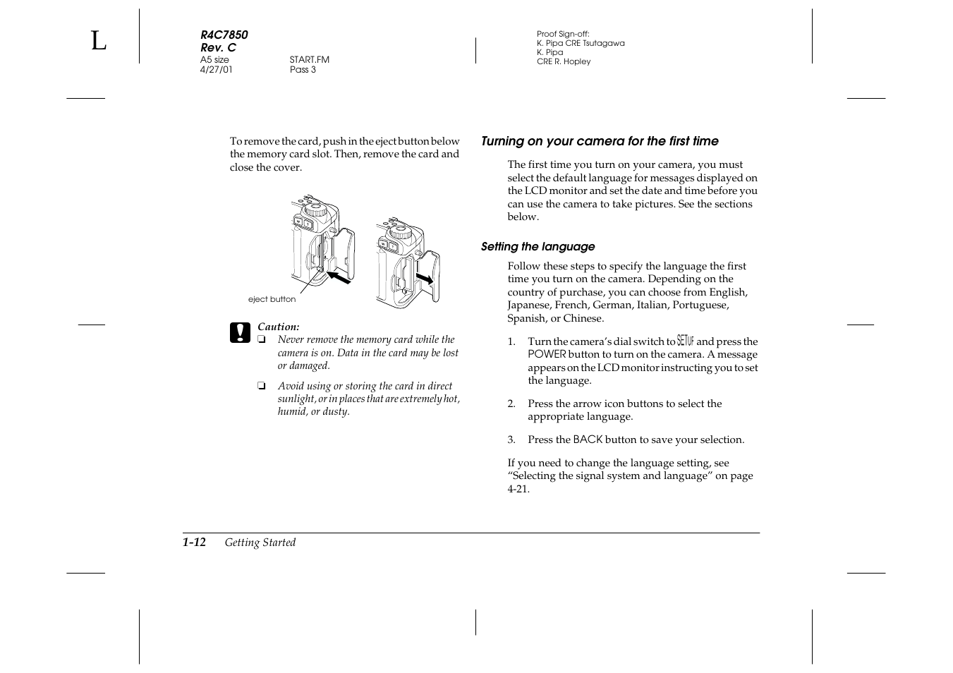 Turning on your camera for the first time, Setting the language, Turning on your camera for the first time -12 | Epson PhotoPC 3100Z User Manual | Page 28 / 143