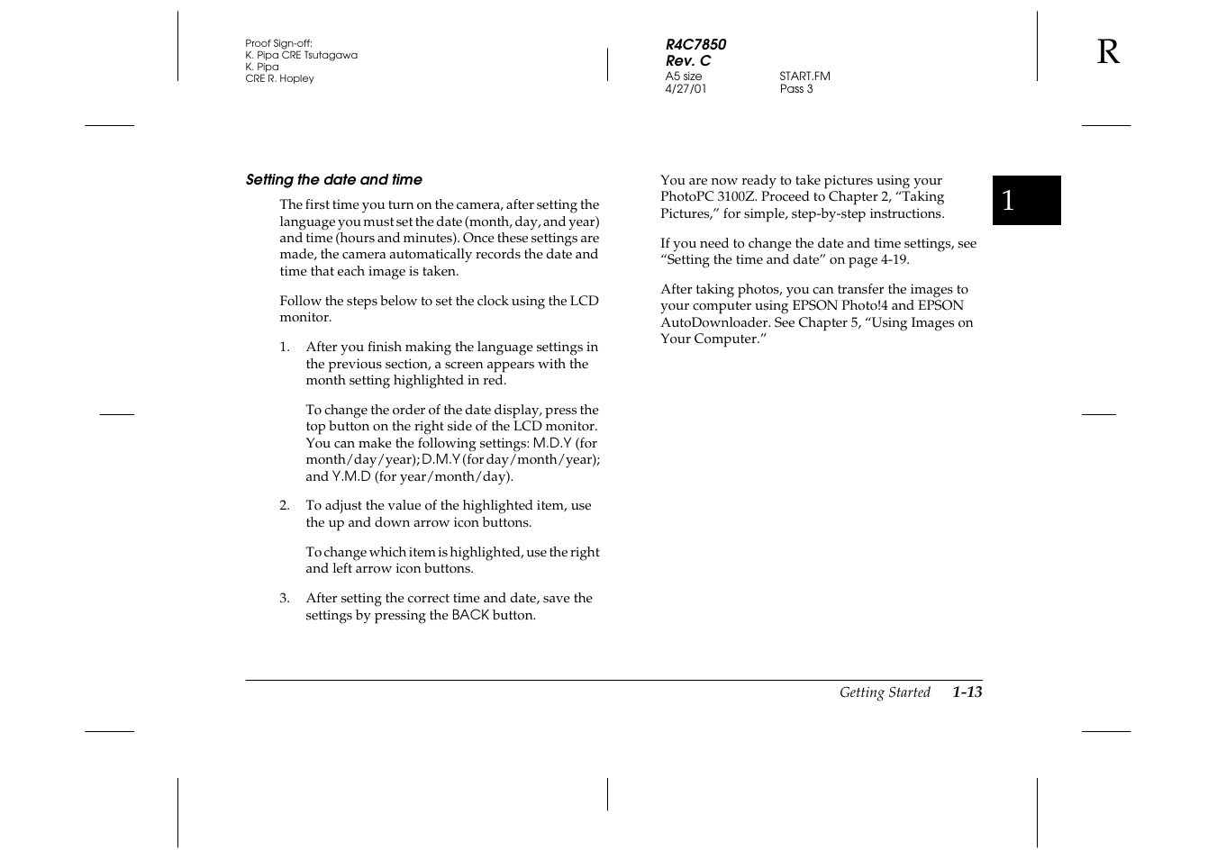 Setting the date and time | Epson PhotoPC 3100Z User Manual | Page 29 / 143
