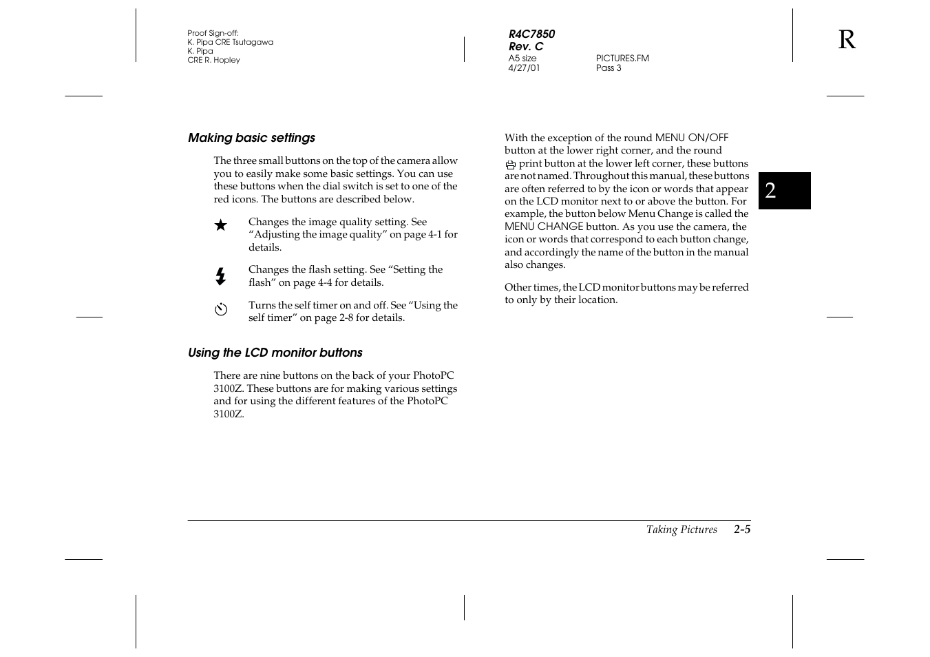 Making basic settings, Using the lcd monitor buttons | Epson PhotoPC 3100Z User Manual | Page 35 / 143