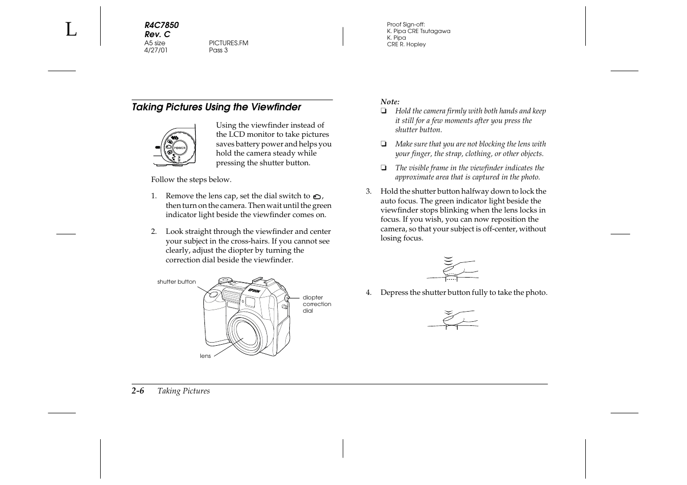 Taking pictures using the viewfinder, Taking pictures using the viewfinder -6 | Epson PhotoPC 3100Z User Manual | Page 36 / 143