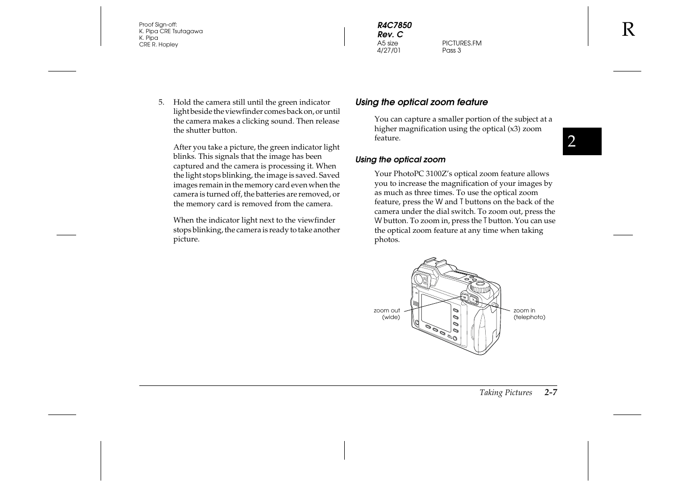 Using the optical zoom feature, Using the optical zoom, Using the optical zoom feature -7 | Epson PhotoPC 3100Z User Manual | Page 37 / 143