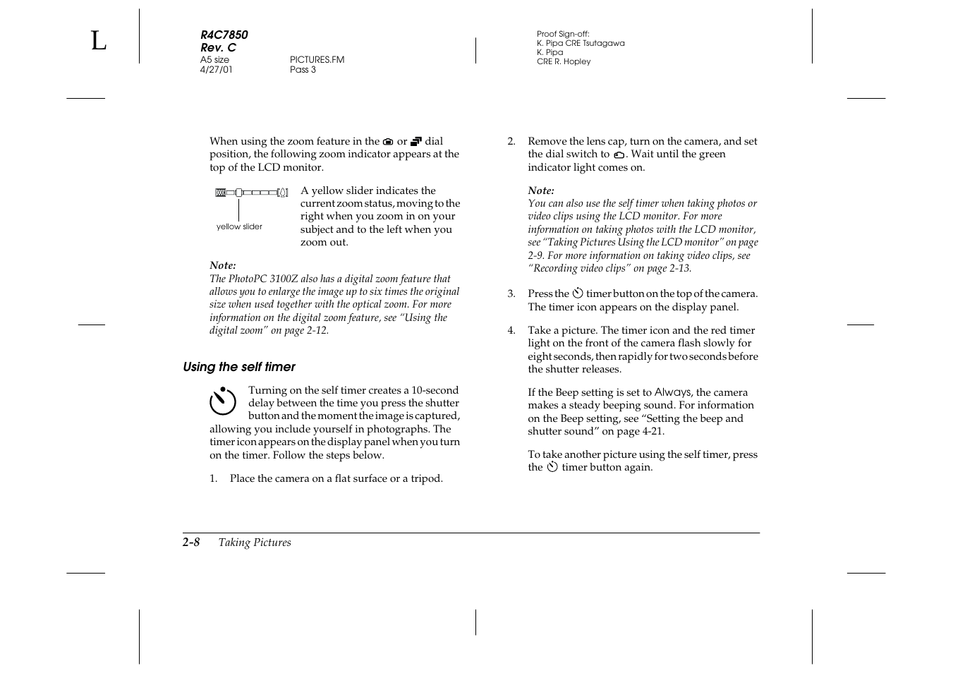 Using the self timer, Using the self timer -8 | Epson PhotoPC 3100Z User Manual | Page 38 / 143