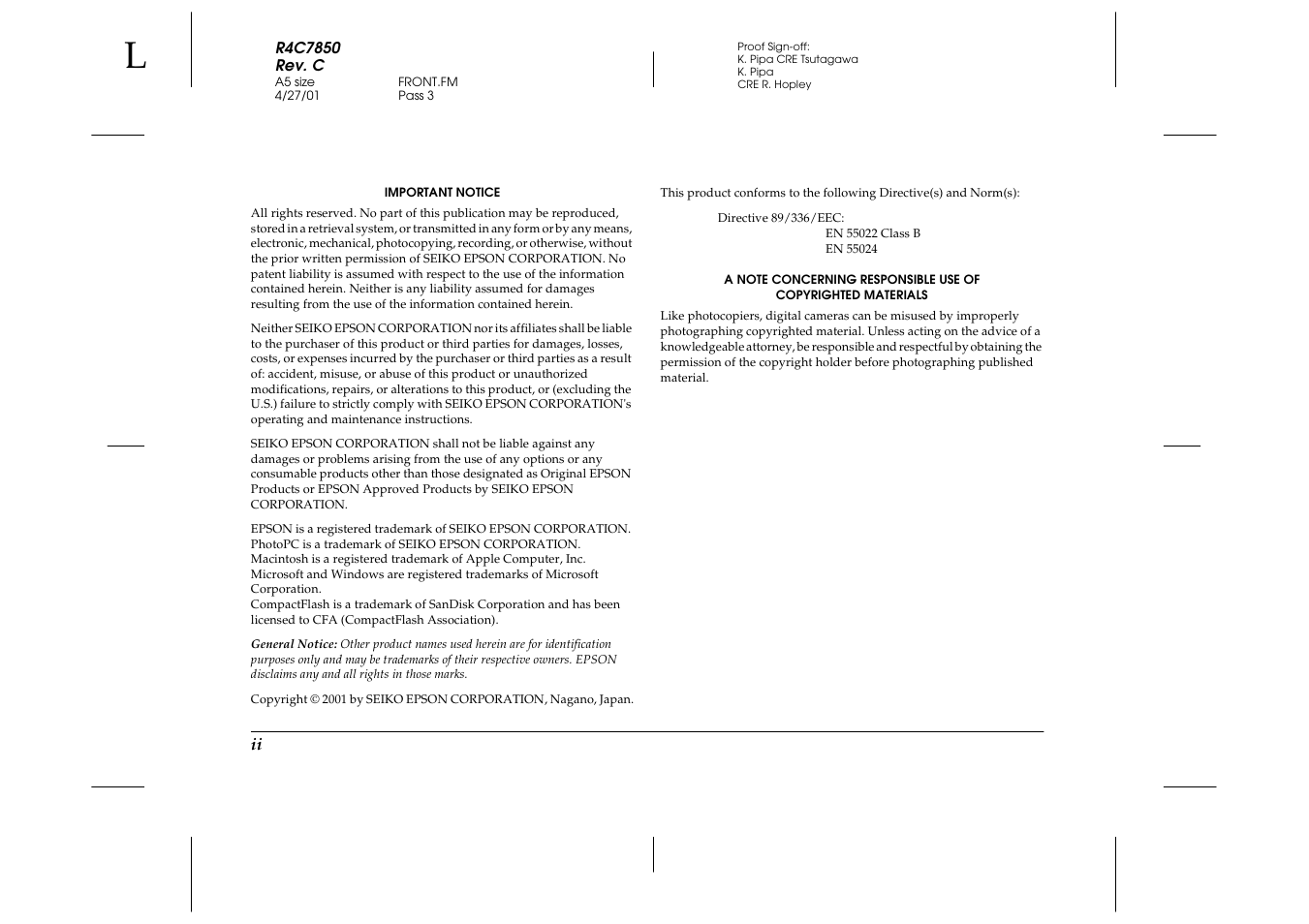 Important notice | Epson PhotoPC 3100Z User Manual | Page 4 / 143