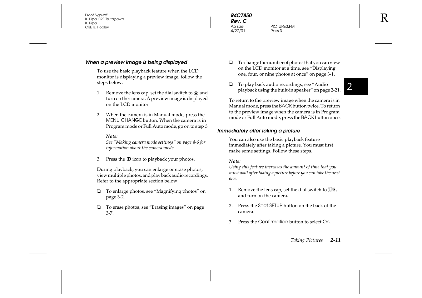 When a preview image is being displayed, Immediately after taking a picture | Epson PhotoPC 3100Z User Manual | Page 41 / 143
