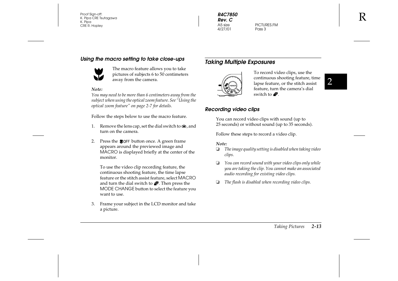 Using the macro setting to take close-ups, Taking multiple exposures, Recording video clips | Using the macro setting to take close-ups -13, Taking multiple exposures -13, Recording video clips -13 | Epson PhotoPC 3100Z User Manual | Page 43 / 143