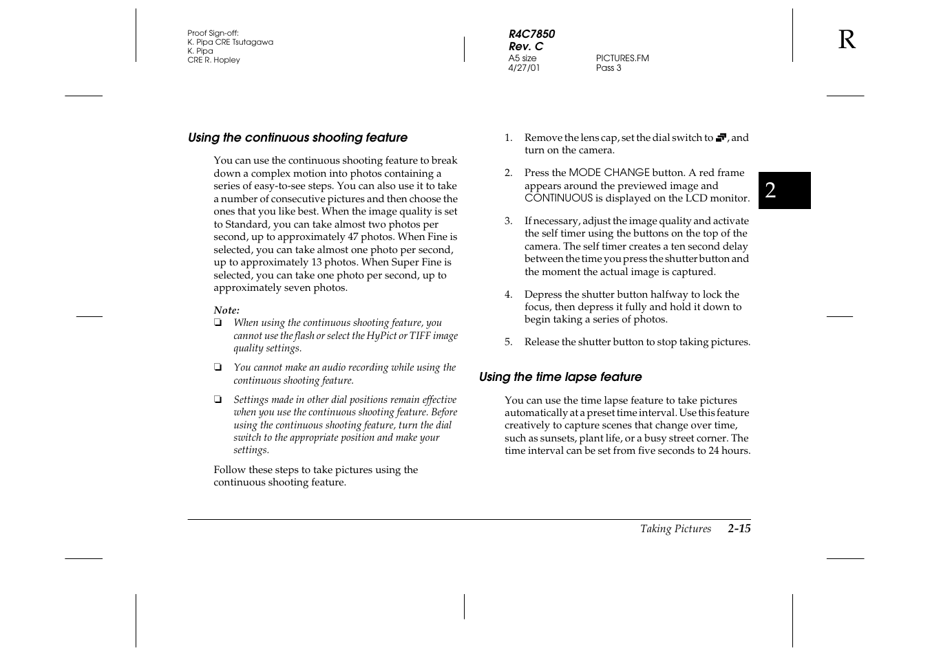 Using the continuous shooting feature, Using the time lapse feature | Epson PhotoPC 3100Z User Manual | Page 45 / 143