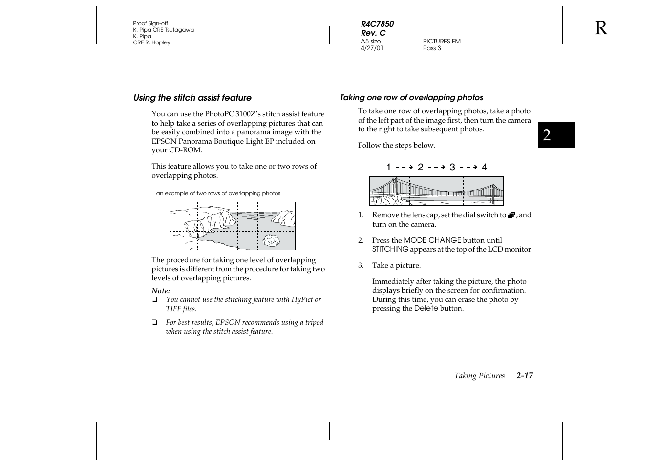 Using the stitch assist feature, Taking one row of overlapping photos, Using the stitch assist feature -17 | Epson PhotoPC 3100Z User Manual | Page 47 / 143