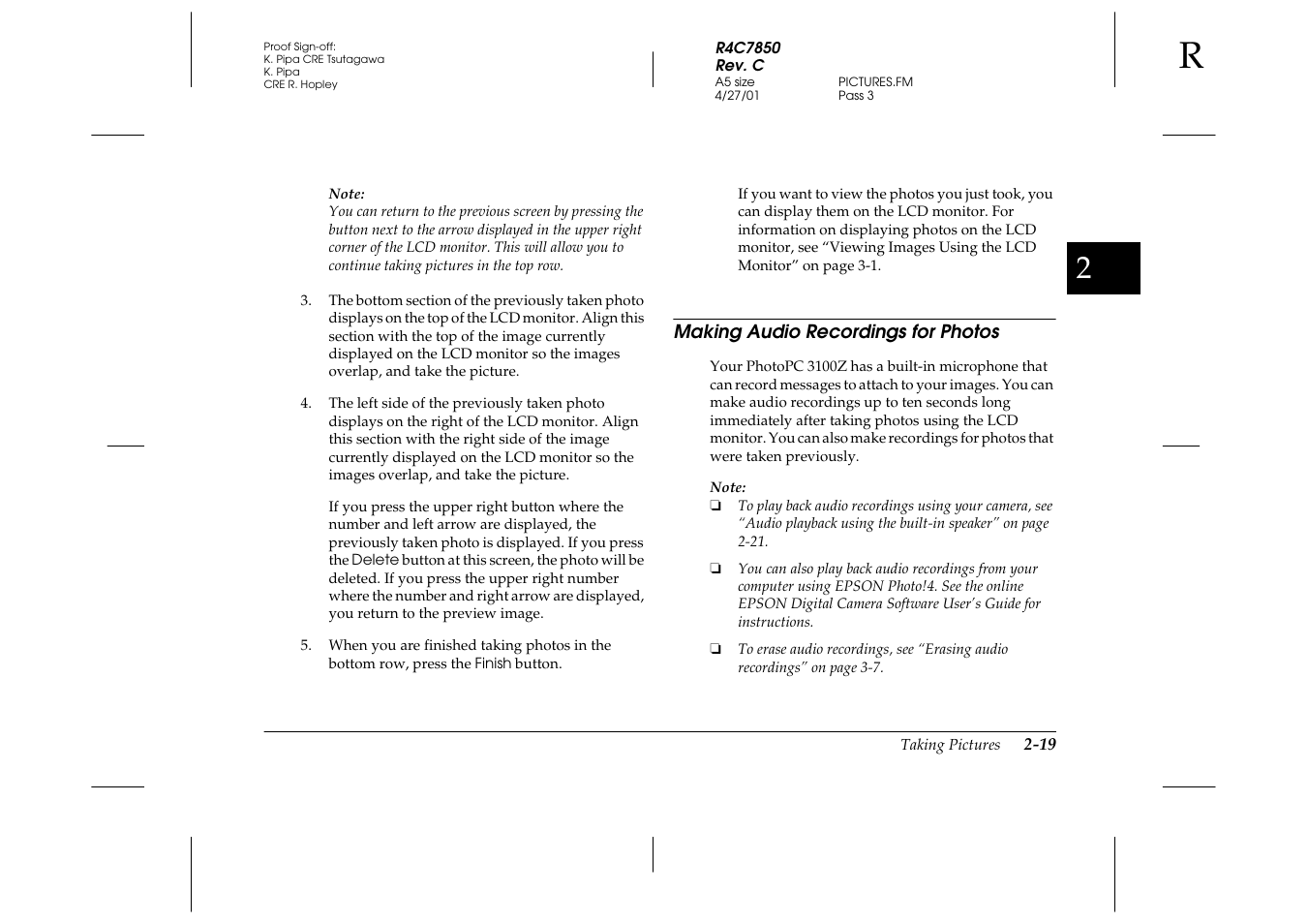 Making audio recordings for photos, Making audio recordings for photos -19 | Epson PhotoPC 3100Z User Manual | Page 49 / 143