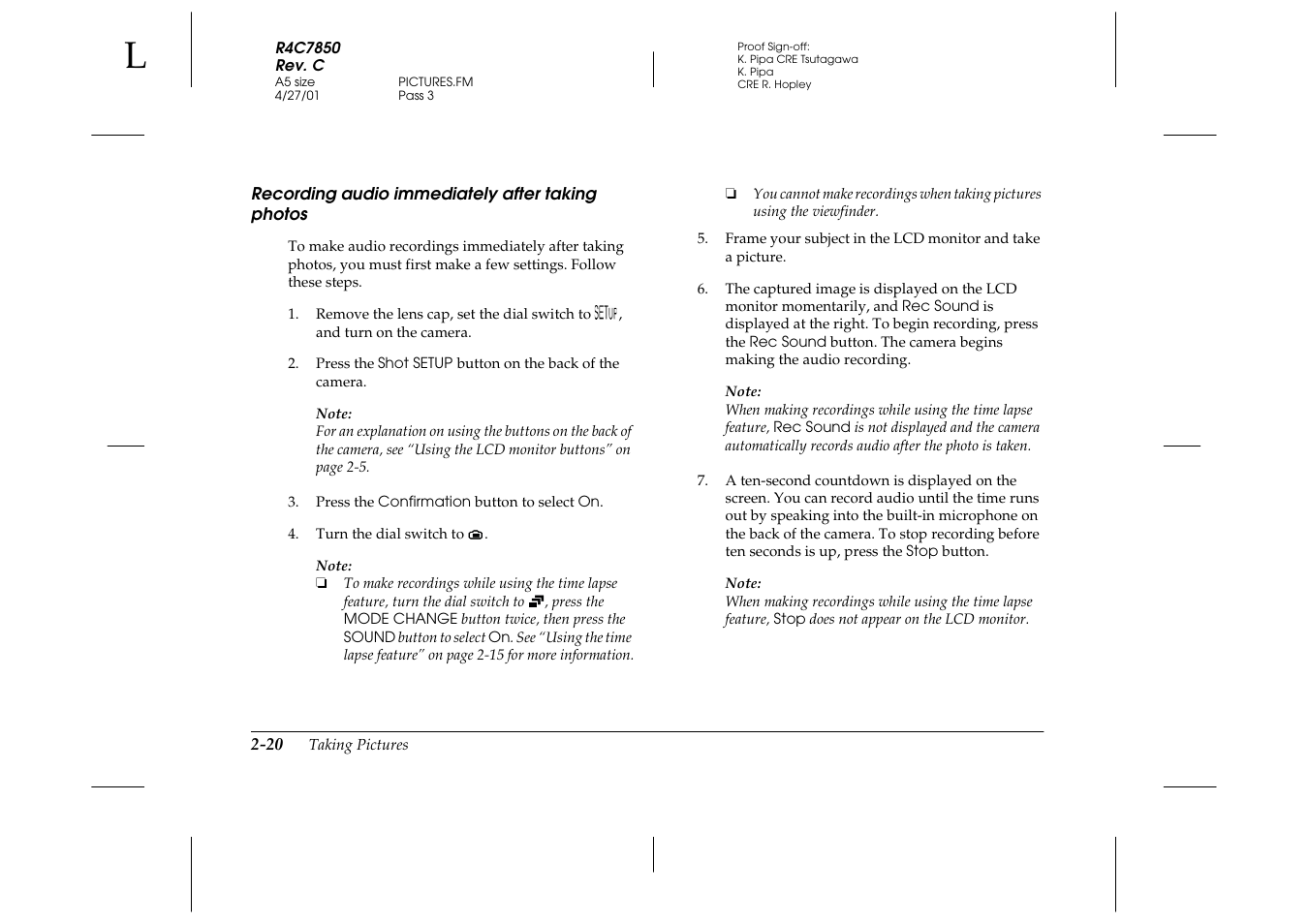 Recording audio immediately after taking photos, Recording audio immediately after taking, Photos -20 | Epson PhotoPC 3100Z User Manual | Page 50 / 143