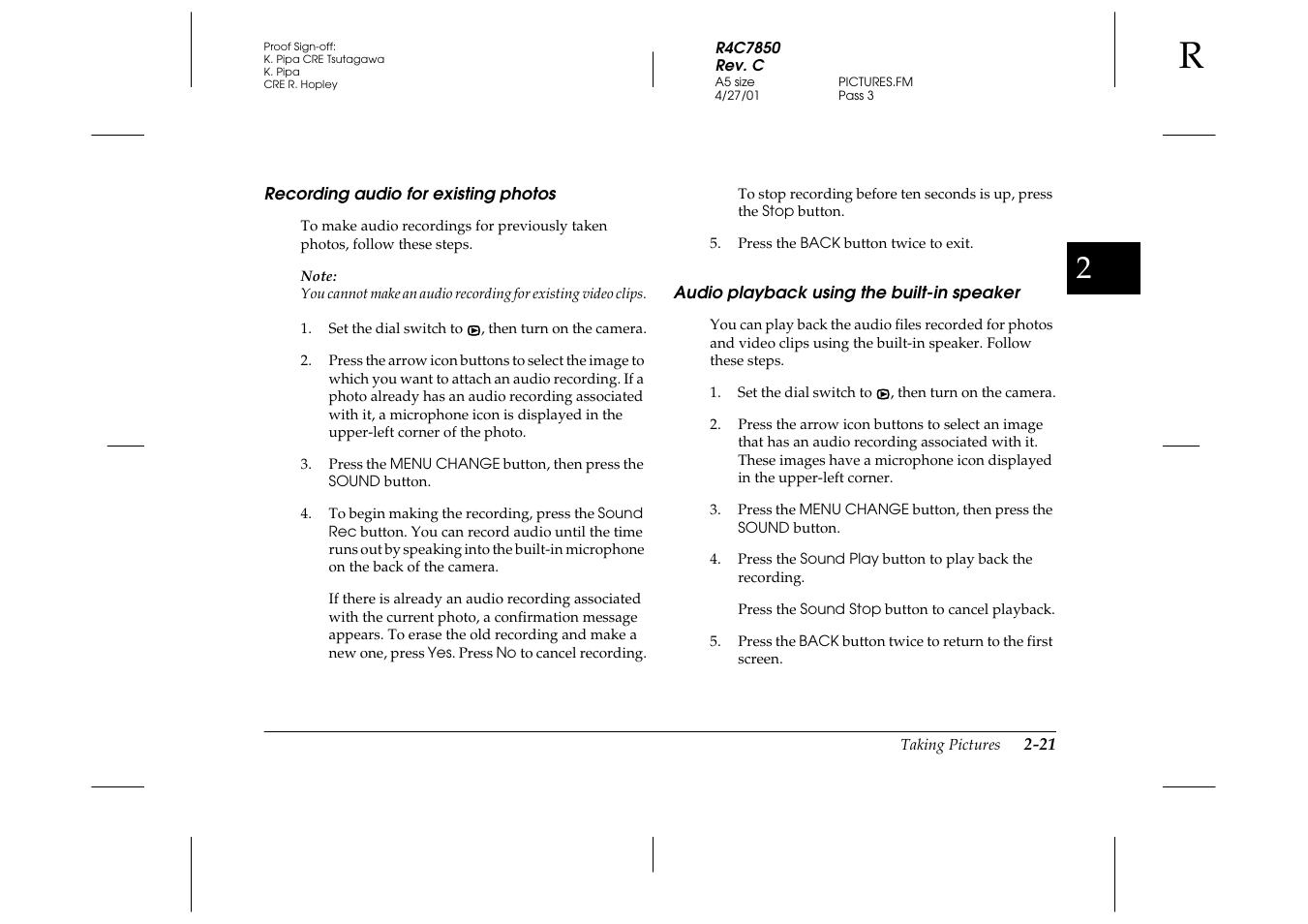 Recording audio for existing photos, Audio playback using the built-in speaker | Epson PhotoPC 3100Z User Manual | Page 51 / 143