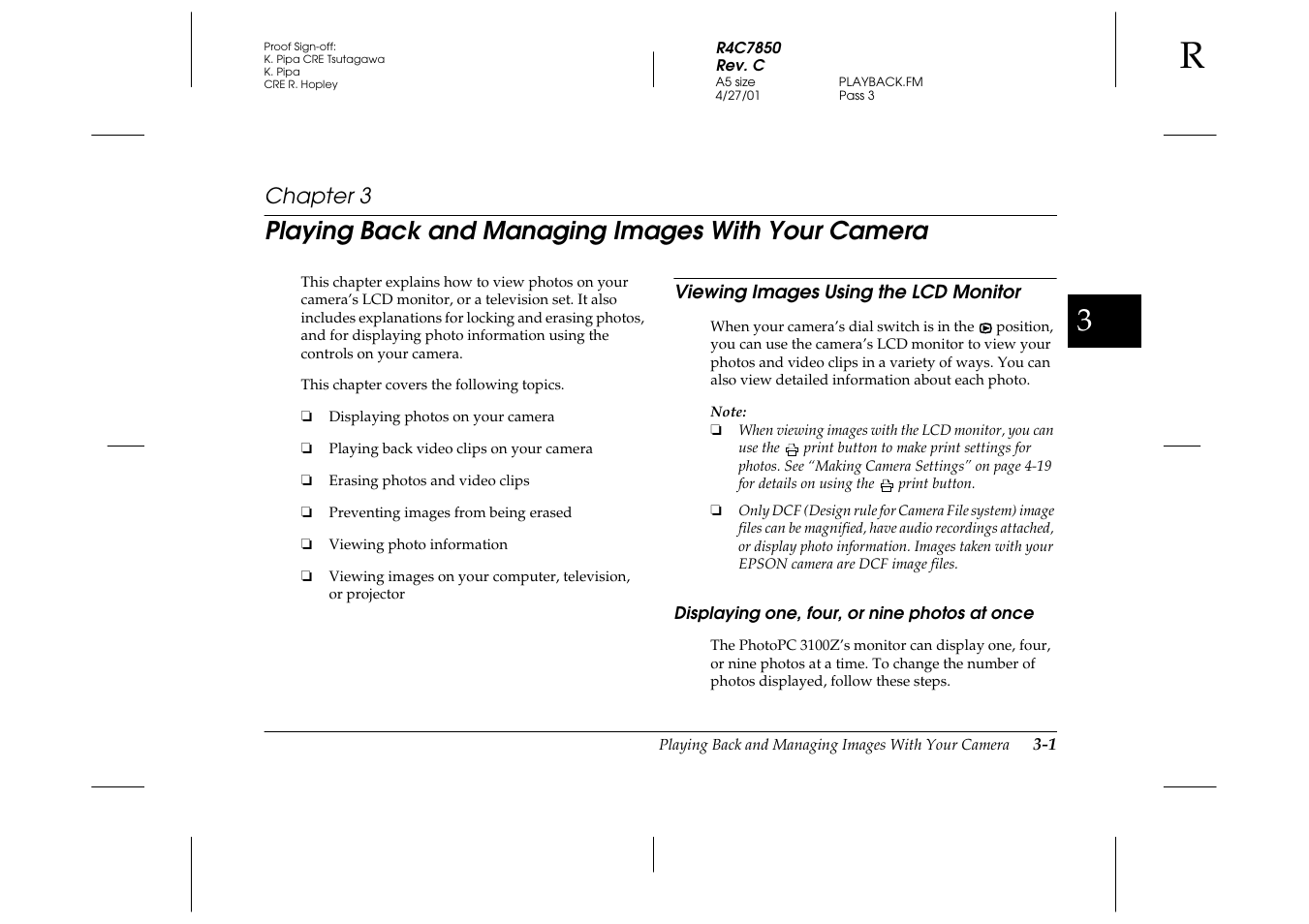 Playing back and managing images with your camera, Viewing images using the lcd monitor, Displaying one, four, or nine photos at once | Chapter 3 p, Viewing images using the lcd monitor -1, Displaying one, four, or nine photos at once -1, Chapter 3 | Epson PhotoPC 3100Z User Manual | Page 53 / 143