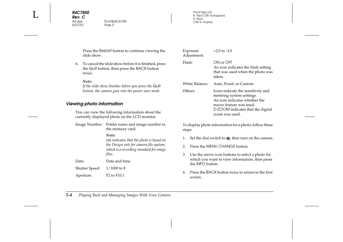 Viewing photo information, Viewing photo information -4 | Epson PhotoPC 3100Z User Manual | Page 56 / 143