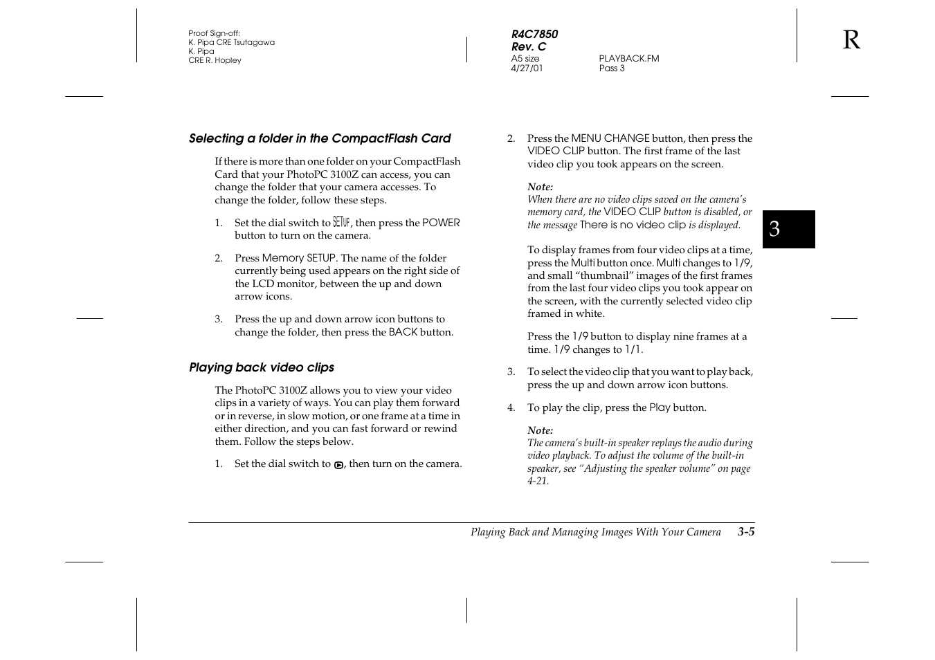 Selecting a folder in the compactflash card, Playing back video clips | Epson PhotoPC 3100Z User Manual | Page 57 / 143