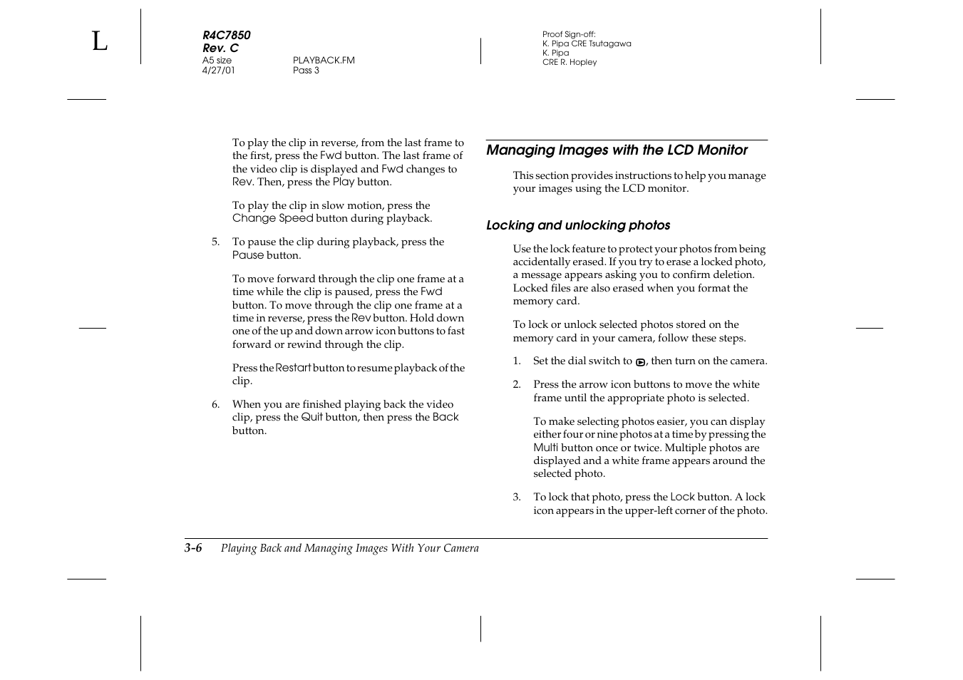 Managing images with the lcd monitor, Locking and unlocking photos, Managing images with the lcd monitor -6 | Locking and unlocking photos -6 | Epson PhotoPC 3100Z User Manual | Page 58 / 143