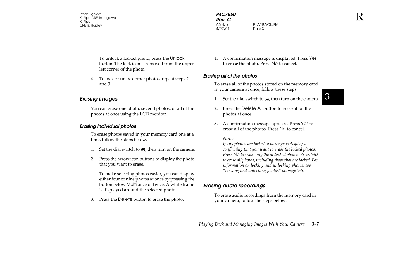 Erasing images, Erasing individual photos, Erasing all of the photos | Erasing audio recordings, Erasing images -7 erasing audio recordings -7 | Epson PhotoPC 3100Z User Manual | Page 59 / 143