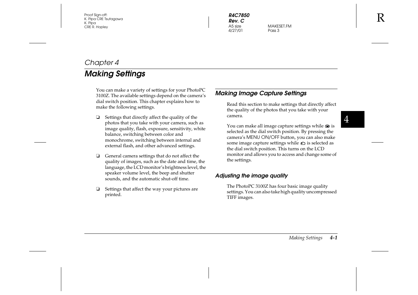 Making settings, Making image capture settings, Adjusting the image quality | Chapter 4 m, Making image capture settings -1, Adjusting the image quality -1, Ee chapter 4, “making settings,” f, Chapter 4 | Epson PhotoPC 3100Z User Manual | Page 63 / 143
