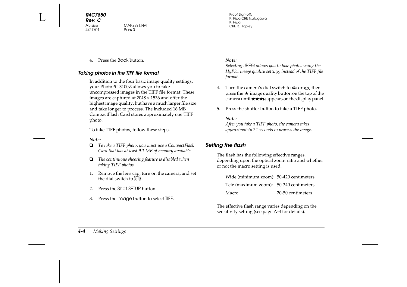 Taking photos in the tiff file format, Setting the flash, Setting the flash -4 | Epson PhotoPC 3100Z User Manual | Page 66 / 143