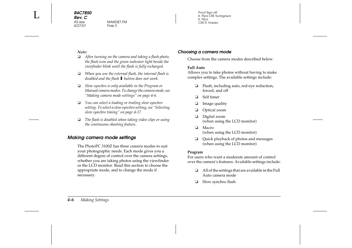 Making camera mode settings, Choosing a camera mode, Making camera mode settings -6 | Epson PhotoPC 3100Z User Manual | Page 68 / 143