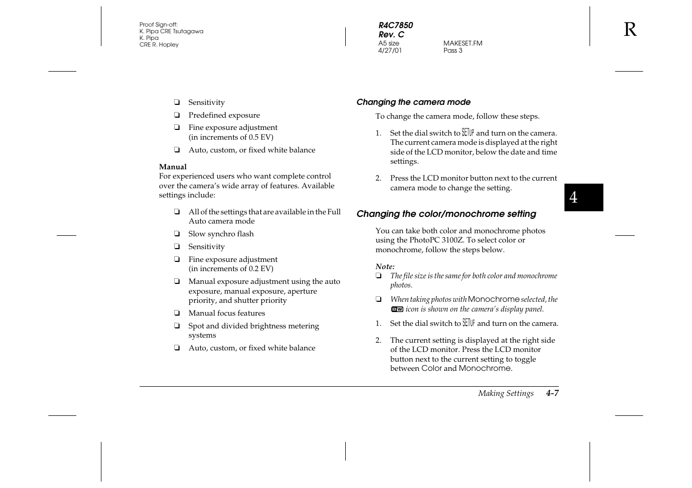 Changing the camera mode, Changing the color/monochrome setting, Changing the color/monochrome setting -7 | Epson PhotoPC 3100Z User Manual | Page 69 / 143