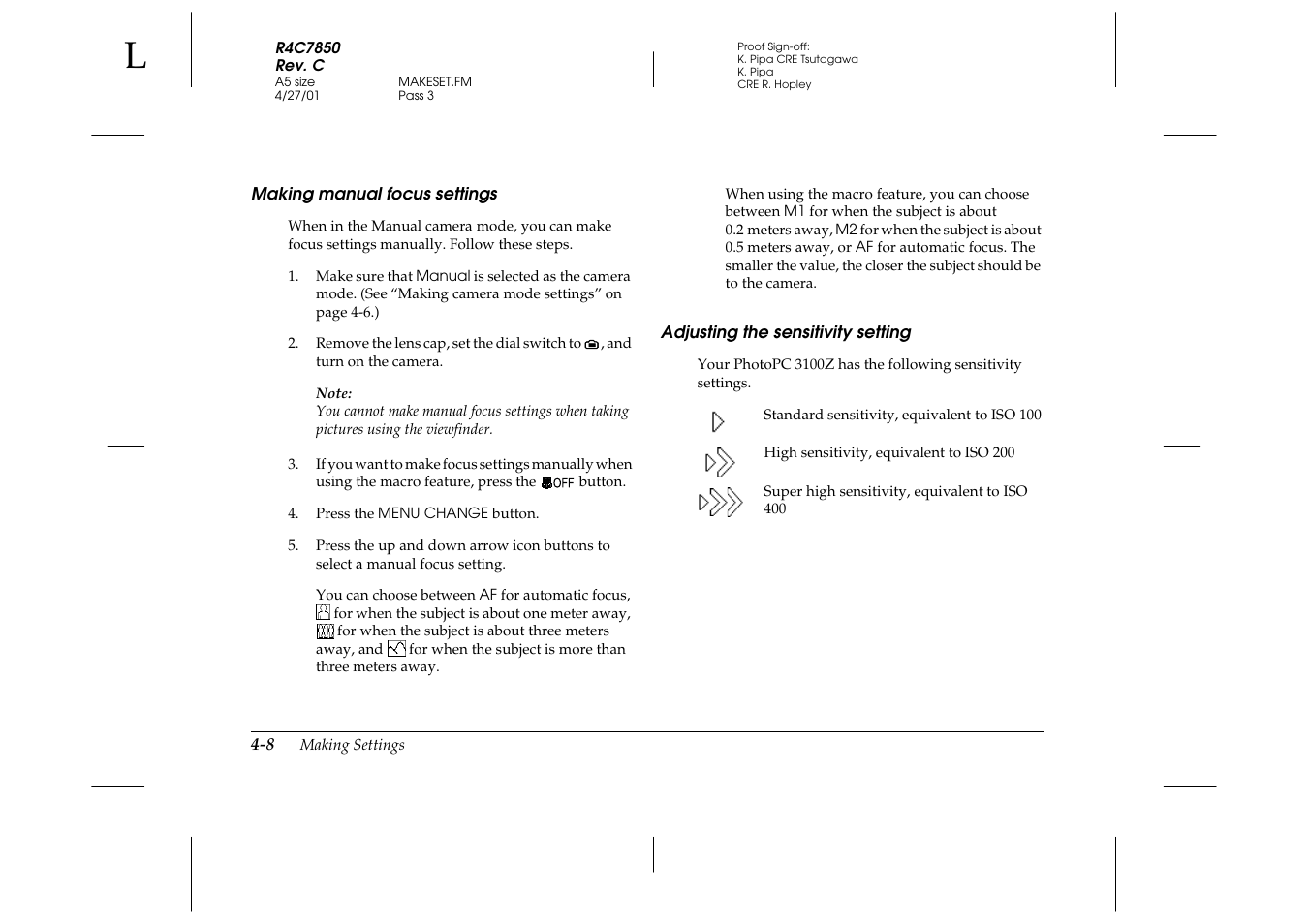 Making manual focus settings, Adjusting the sensitivity setting | Epson PhotoPC 3100Z User Manual | Page 70 / 143