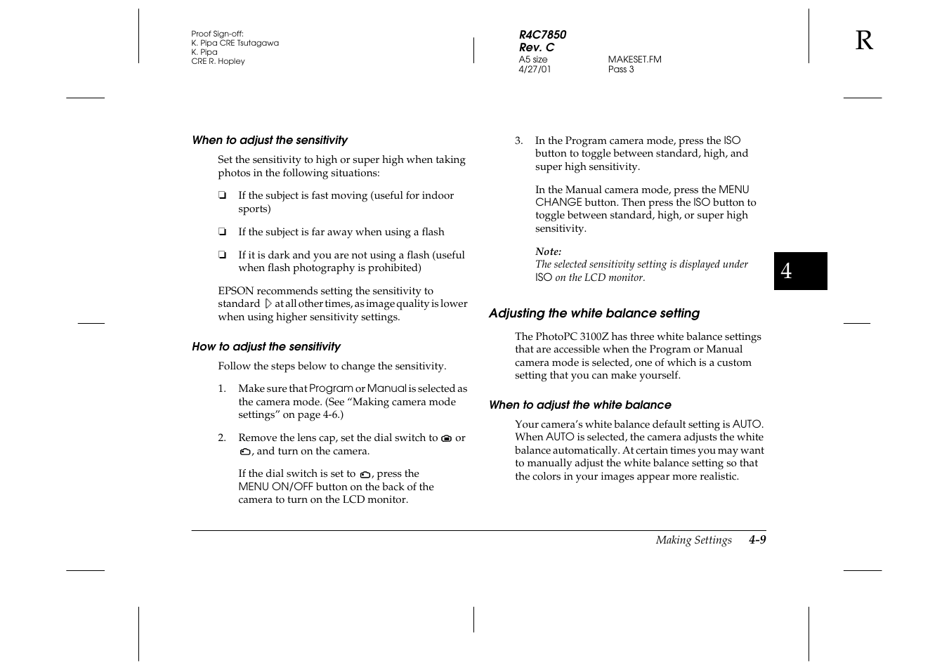 When to adjust the sensitivity, How to adjust the sensitivity, Adjusting the white balance setting | When to adjust the white balance, Adjusting the white balance setting -9 | Epson PhotoPC 3100Z User Manual | Page 71 / 143