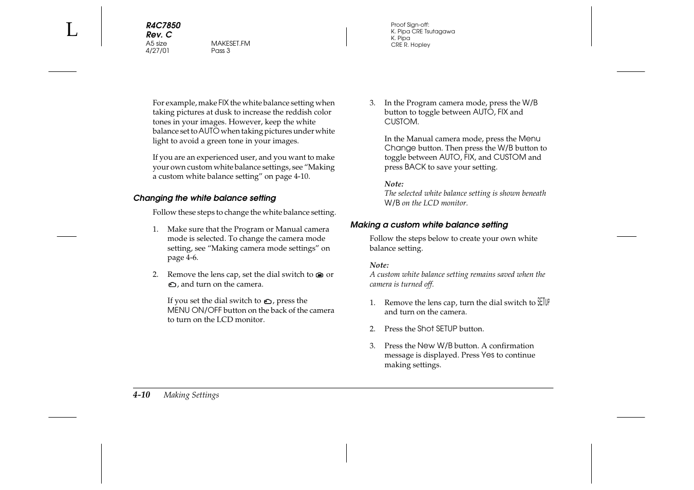 Changing the white balance setting, Making a custom white balance setting | Epson PhotoPC 3100Z User Manual | Page 72 / 143
