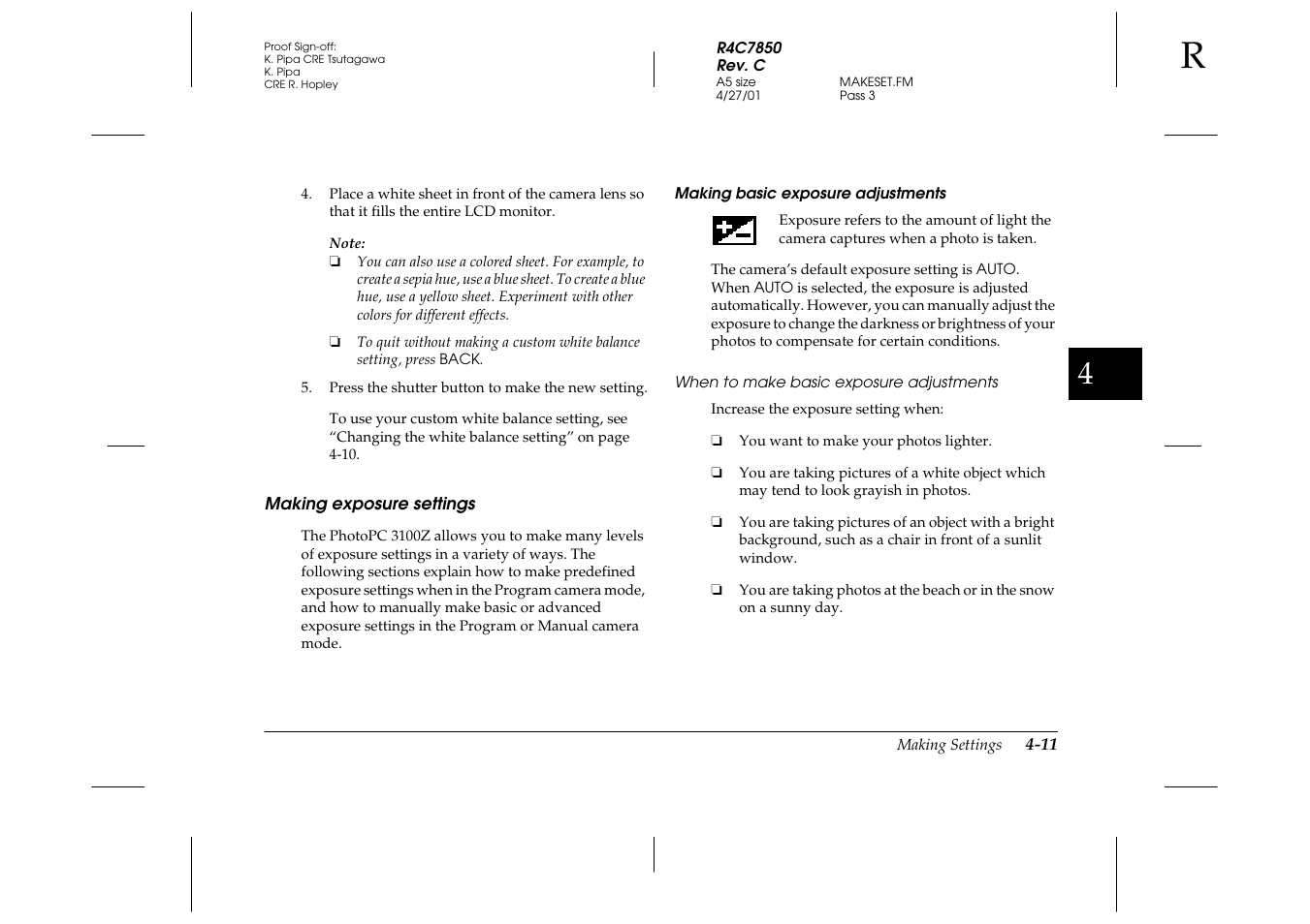 Making exposure settings, Making basic exposure adjustments, When to make basic exposure adjustments | Making exposure settings -11 | Epson PhotoPC 3100Z User Manual | Page 73 / 143