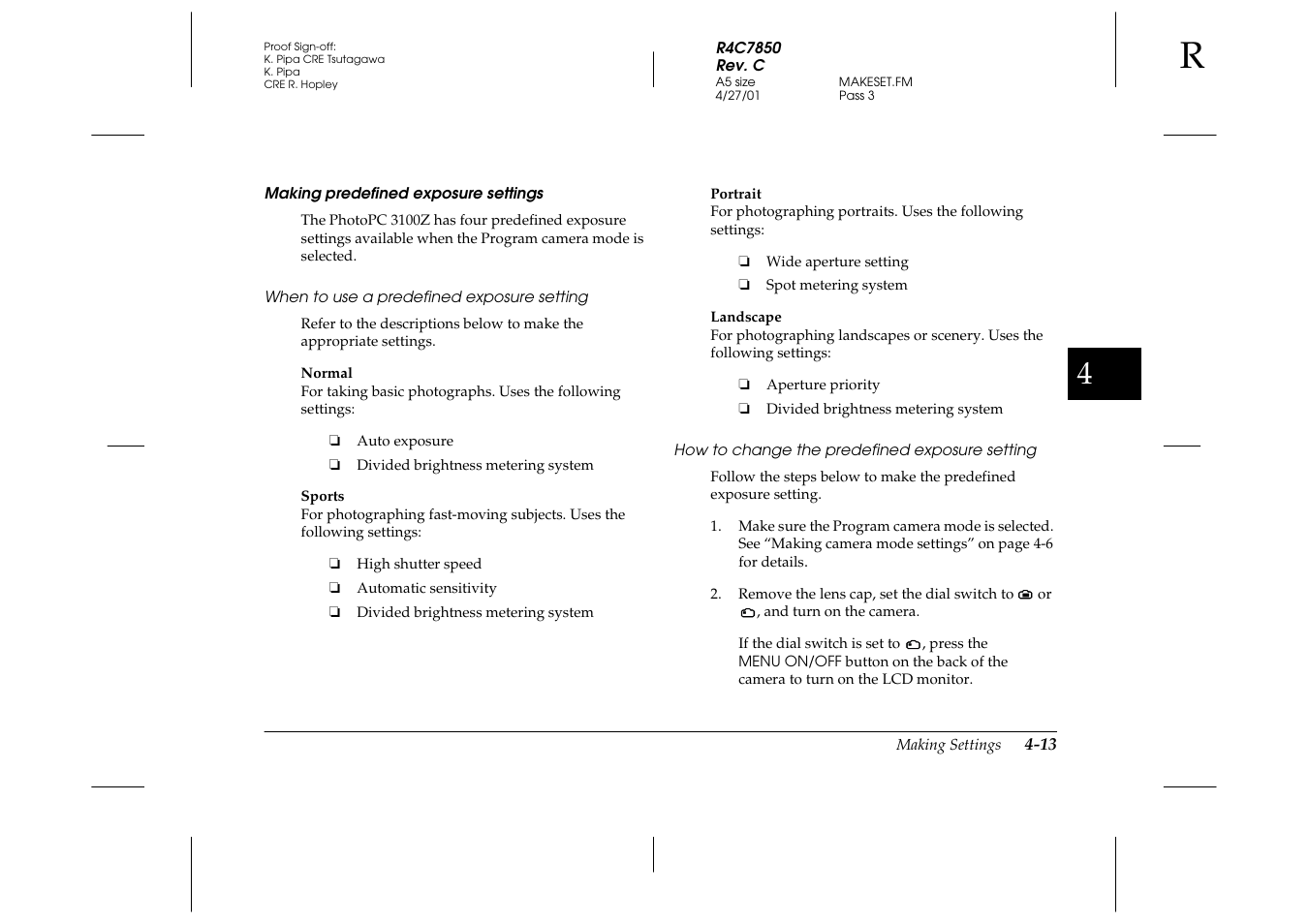Making predefined exposure settings, When to use a predefined exposure setting, How to change the predefined exposure setting | Epson PhotoPC 3100Z User Manual | Page 75 / 143