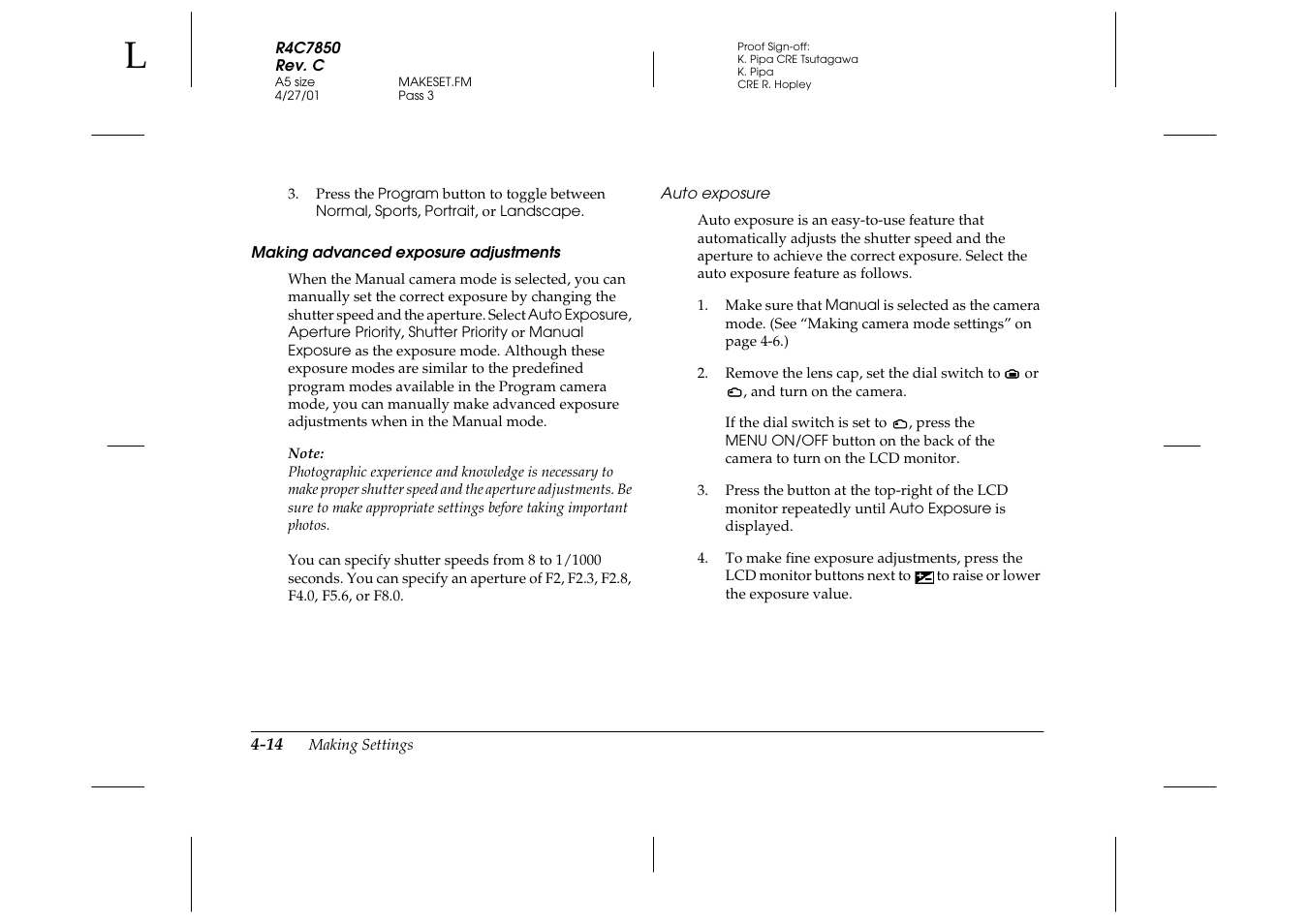 Making advanced exposure adjustments, Auto exposure | Epson PhotoPC 3100Z User Manual | Page 76 / 143