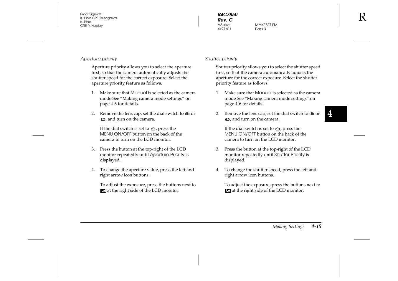 Aperture priority, Shutter priority | Epson PhotoPC 3100Z User Manual | Page 77 / 143