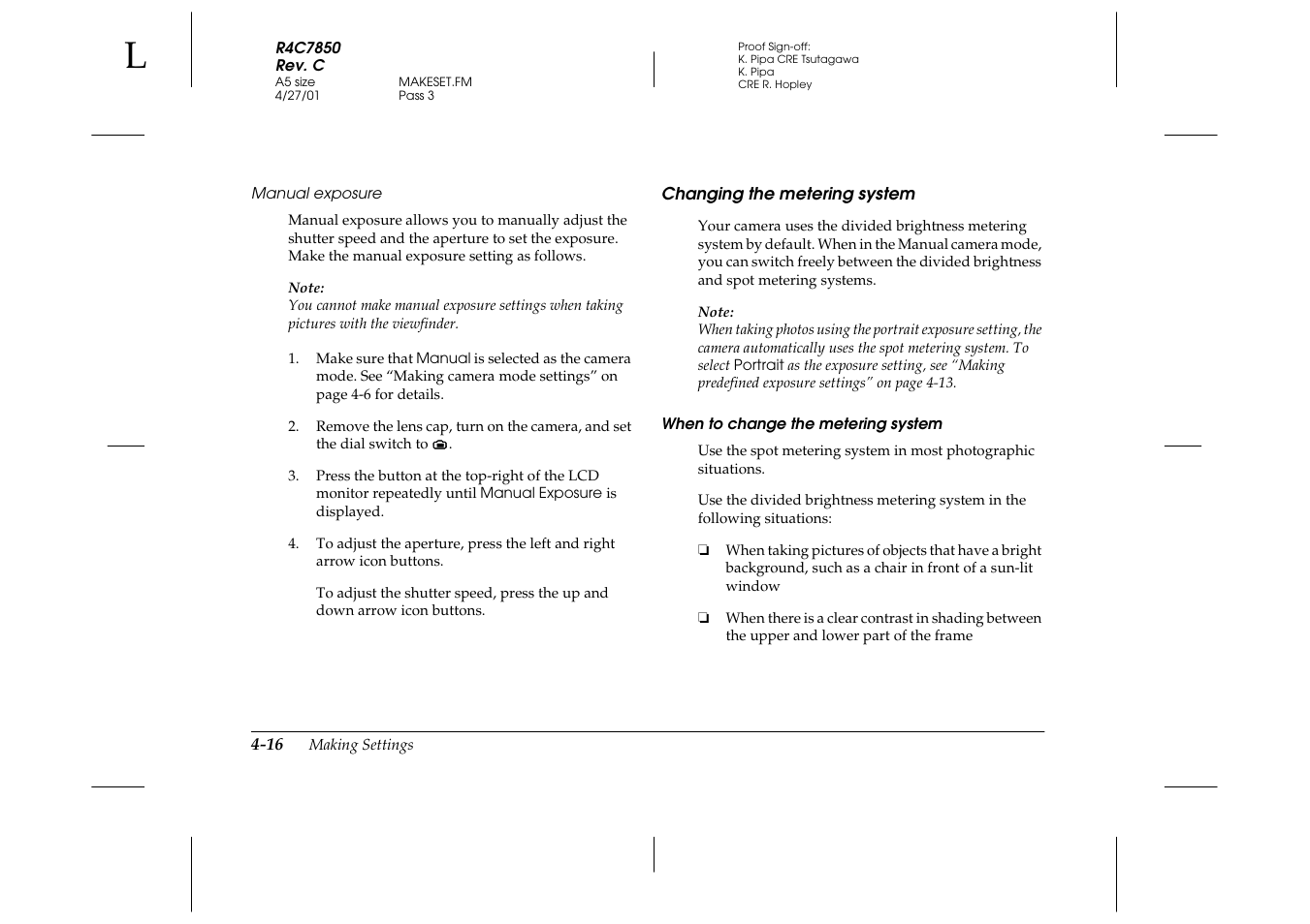 Manual exposure, Changing the metering system, When to change the metering system | Changing the metering system -16 | Epson PhotoPC 3100Z User Manual | Page 78 / 143