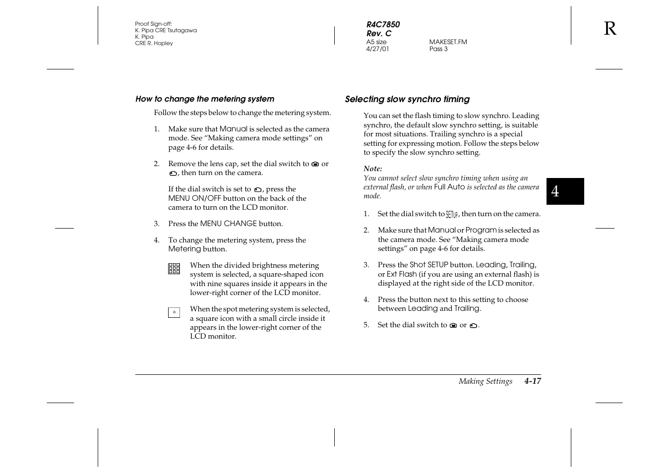 How to change the metering system, Selecting slow synchro timing, Selecting slow synchro timing -17 | Epson PhotoPC 3100Z User Manual | Page 79 / 143